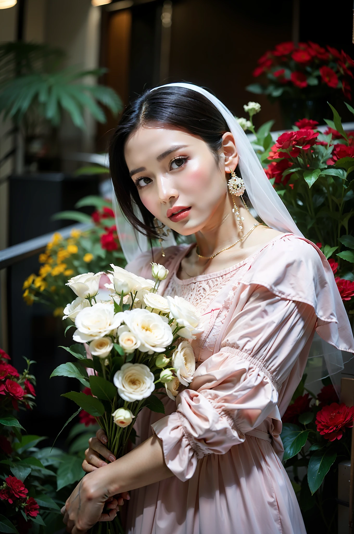 a woman in a red dress holding a bouquet of flowers, a character portrait by Sohrab Sepehri, featured on cg society, qajar art, photo taken with nikon d750, studio portrait, studio photography