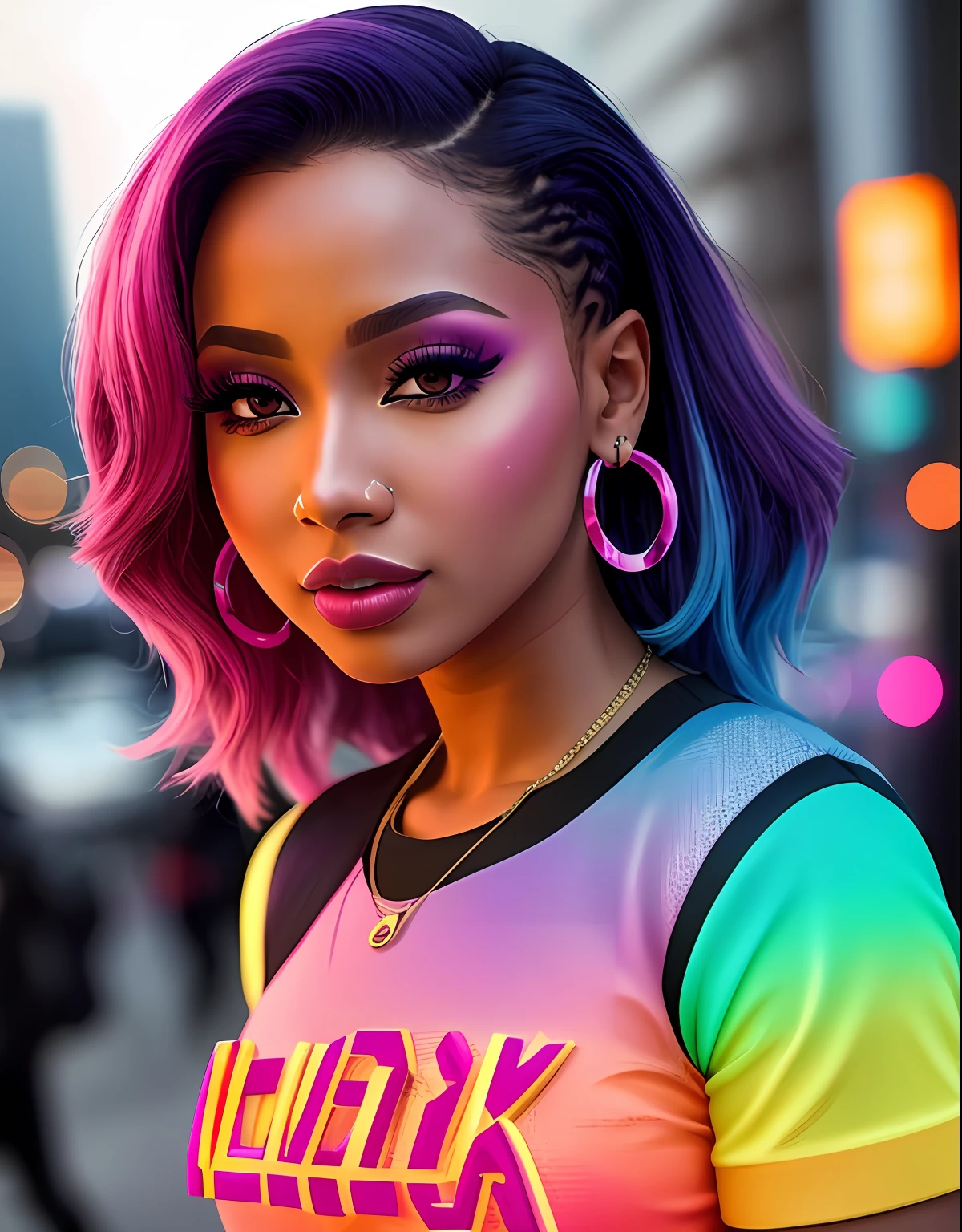 Close-up, foto crua de Nick Minaj, Cidade Cyberpunk movimentada com placas de neon, altamente detalhada, arts station, liso, foco nítido, 8k, trending in instagram, Trending on Tumblr, HDR 4K, 8k