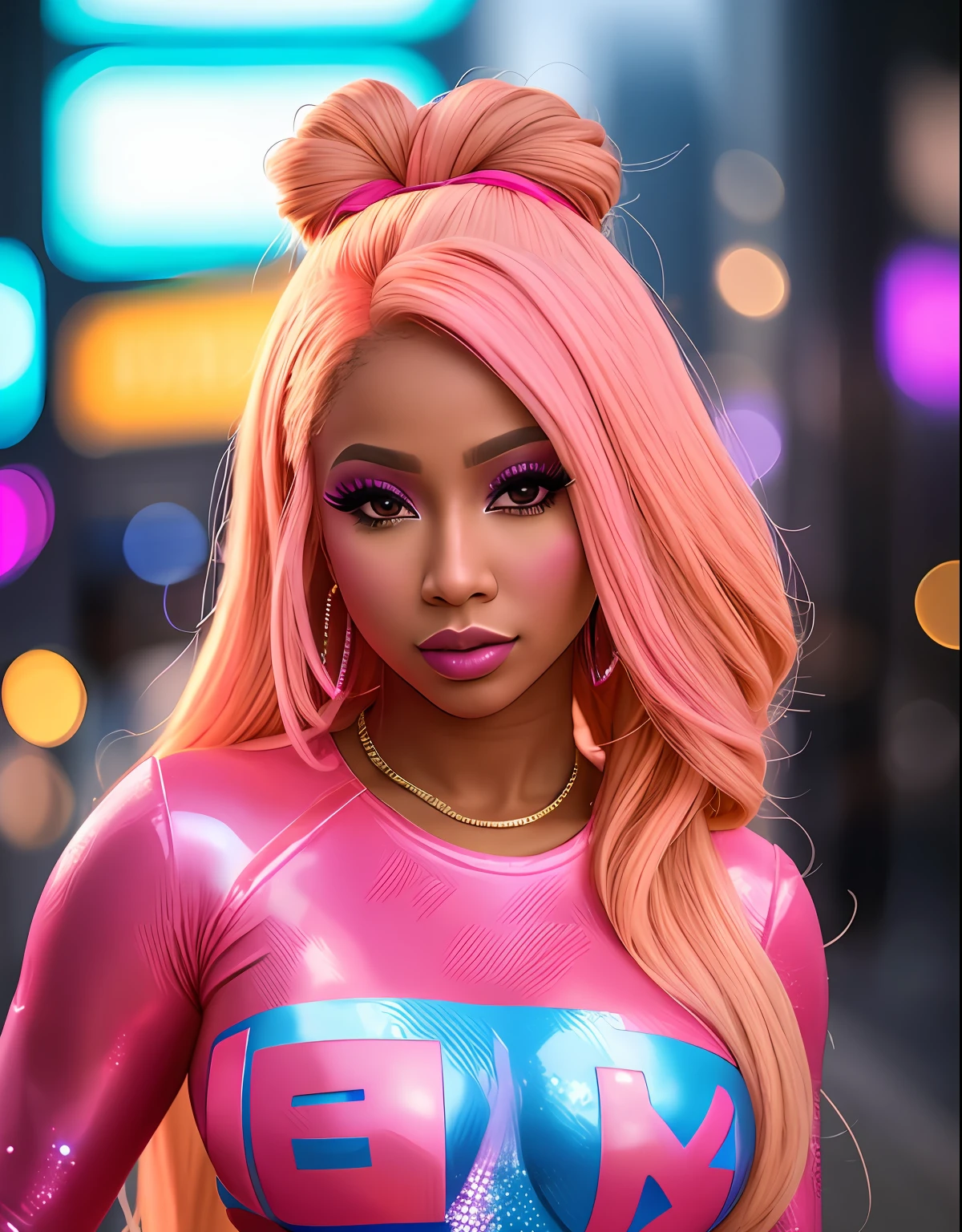 Close-up, foto crua de Nick Minaj, Cidade Cyberpunk movimentada com placas de neon, altamente detalhada, arts station, liso, foco nítido, 8k, trending in instagram, Trending on Tumblr, HDR 4K, 8k