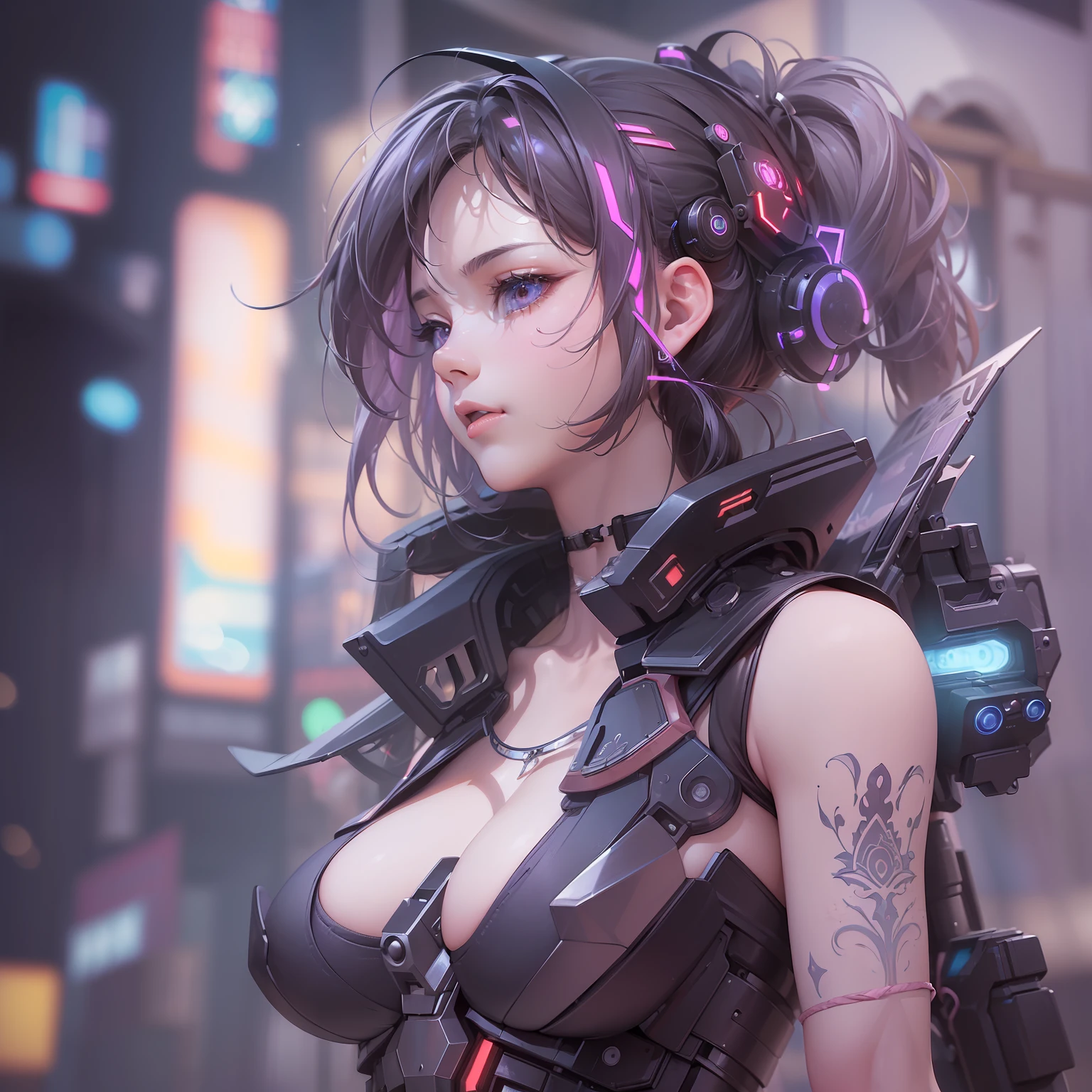 (((masterpiece)))、(((top-quality)))、((ultra-definition))、(High Definition CG Illustration)、((extremely delicate and beautiful))、(from side)、Cinematic light、独奏、full bodyesbian、cyberpunked、2080s、animesque、girl with、trending on artstationh、Rachel Walker、