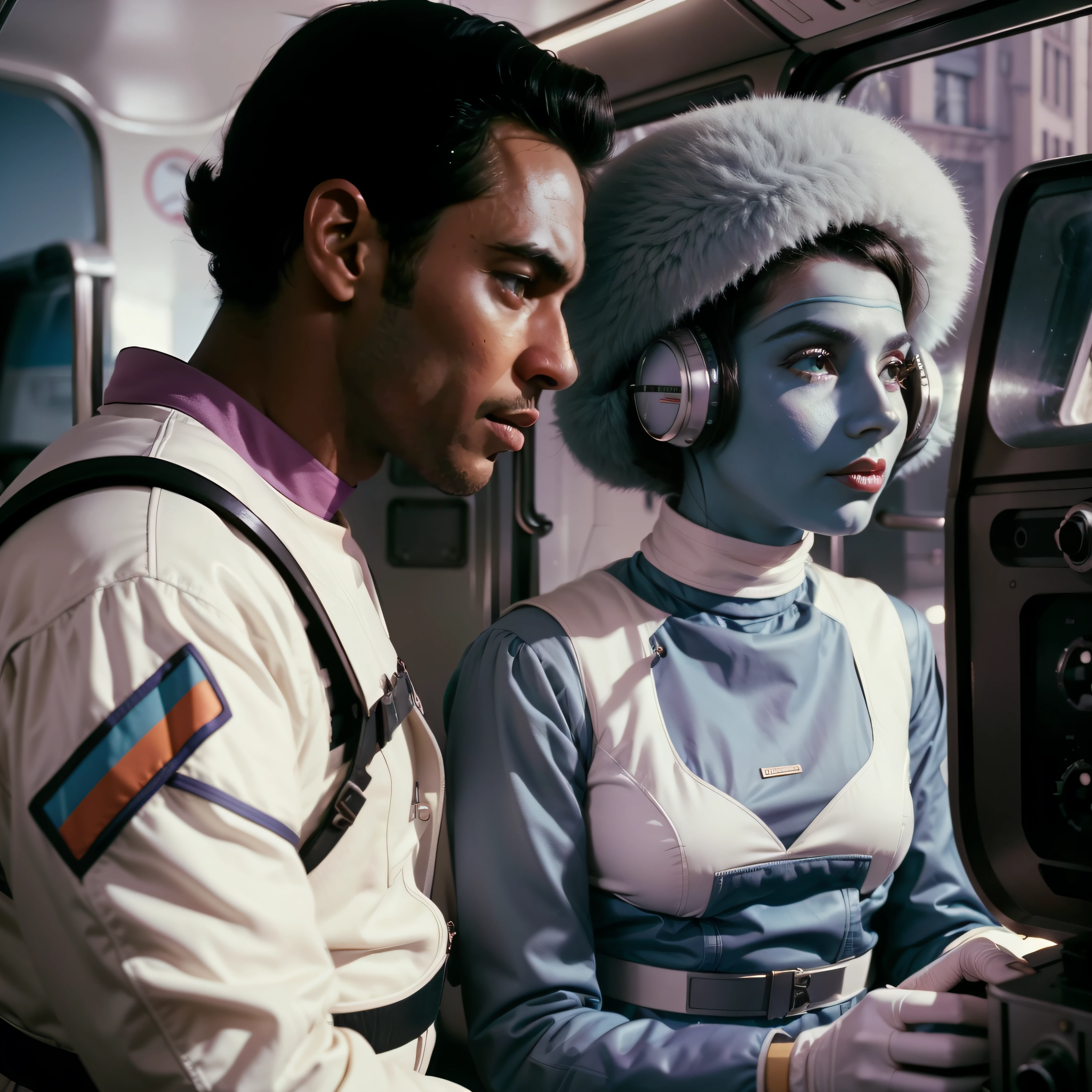 4k image from a 1960s science fiction film by Wes Anderson, Filme O Grande Hotel Budapeste, pastels colors, Young people wearing retrofuturistic alien masks and holding colorful suitcases and chests on the bus, Retro-futuristic fashion clothes from the 60s with old robots, Luz Natural, Psicodelia, futurista estranho, retro-futurista, photo-realistic, Sharp background details.