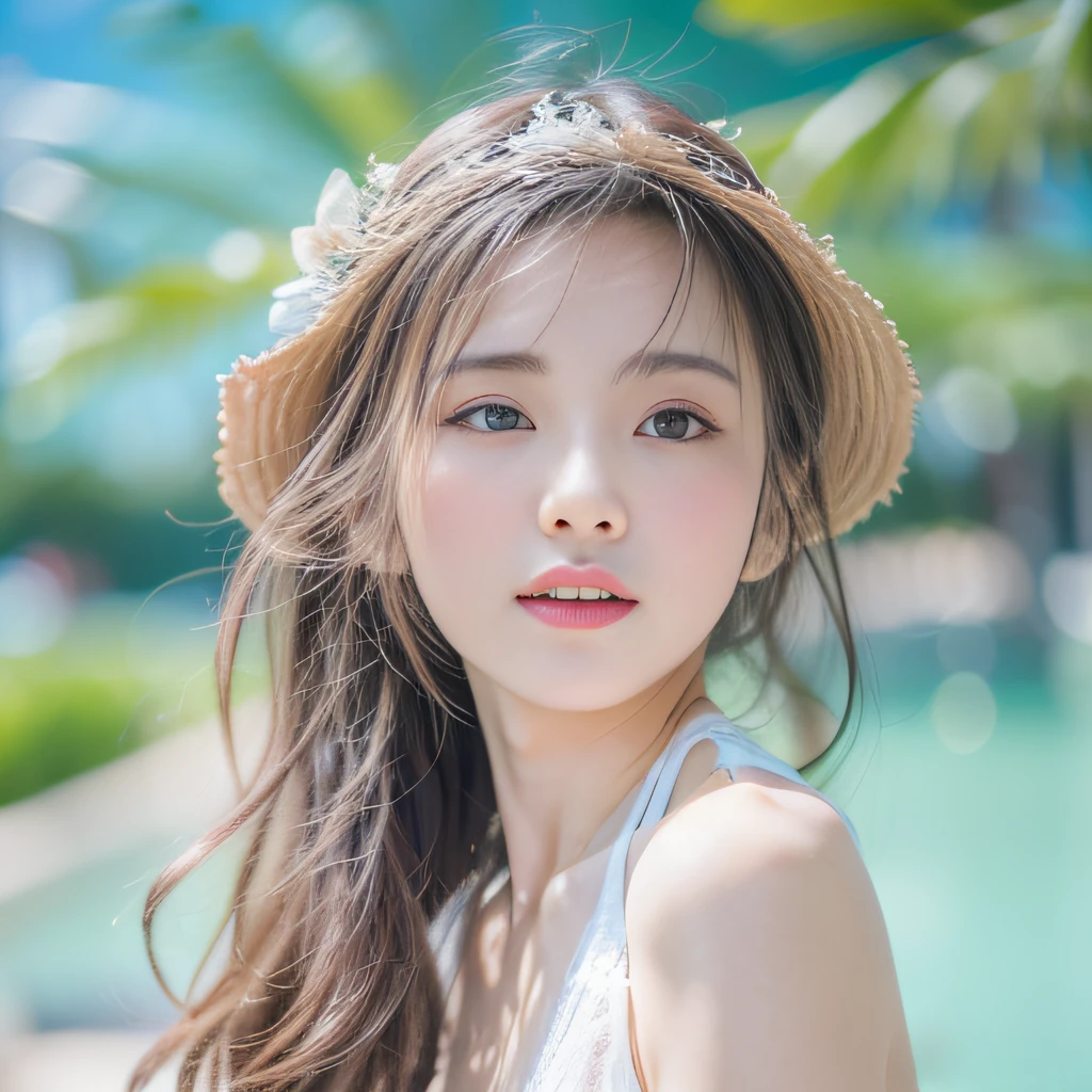 selfee、white swimwear、Big(8k 、RAW Photos、top-quality、​masterpiece)、(realisitic、Photorealsitic:1.37)、ultra-detailliert、女の子 1 人、cute little、soio、Beautiful detailed sky、