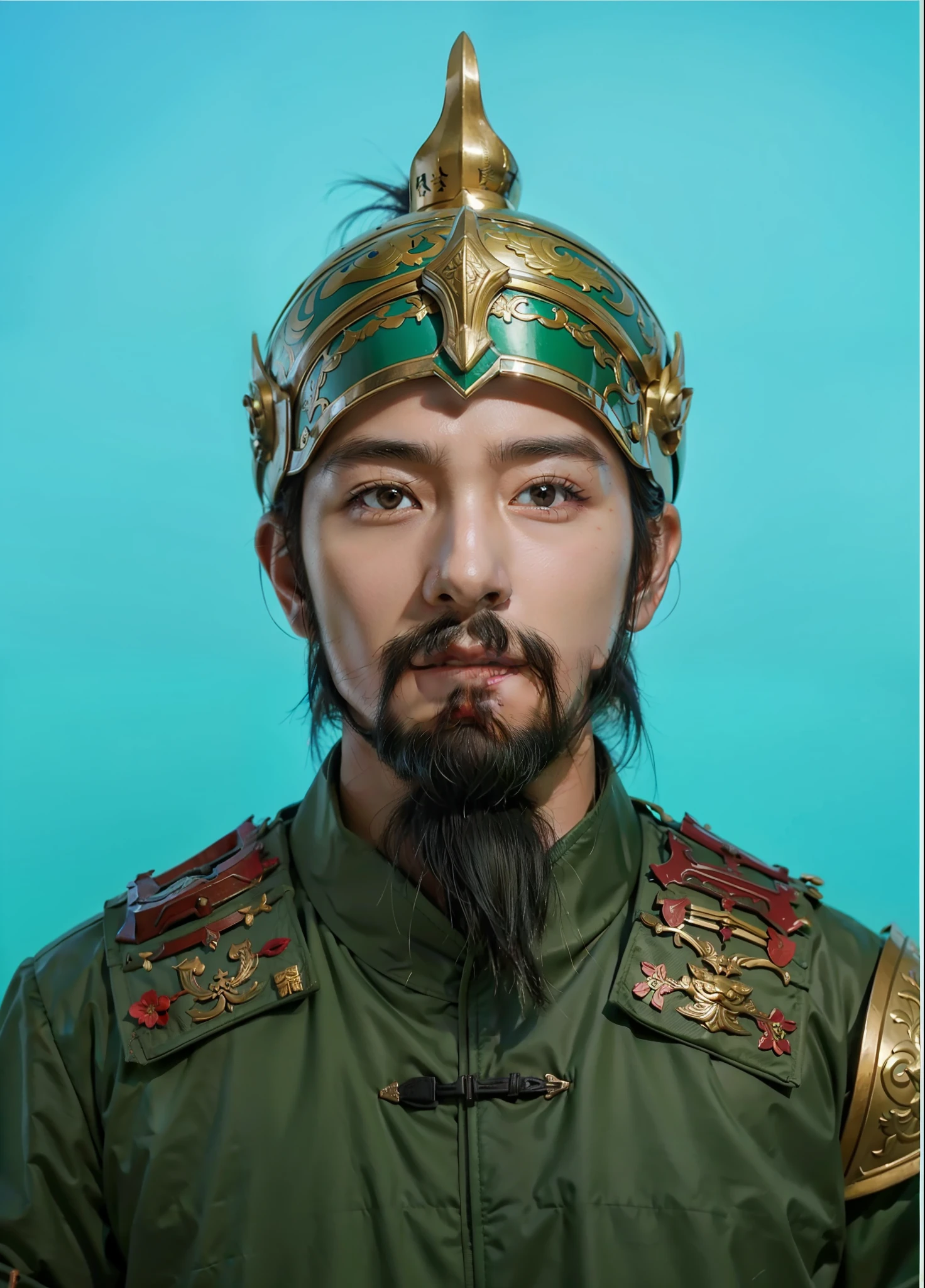Generals in ancient China,The head is wearing a helmet,Green armor on the body,The scales are very dazzling,The beard of the Han Chinese,southerner,The face of a refined southerner。