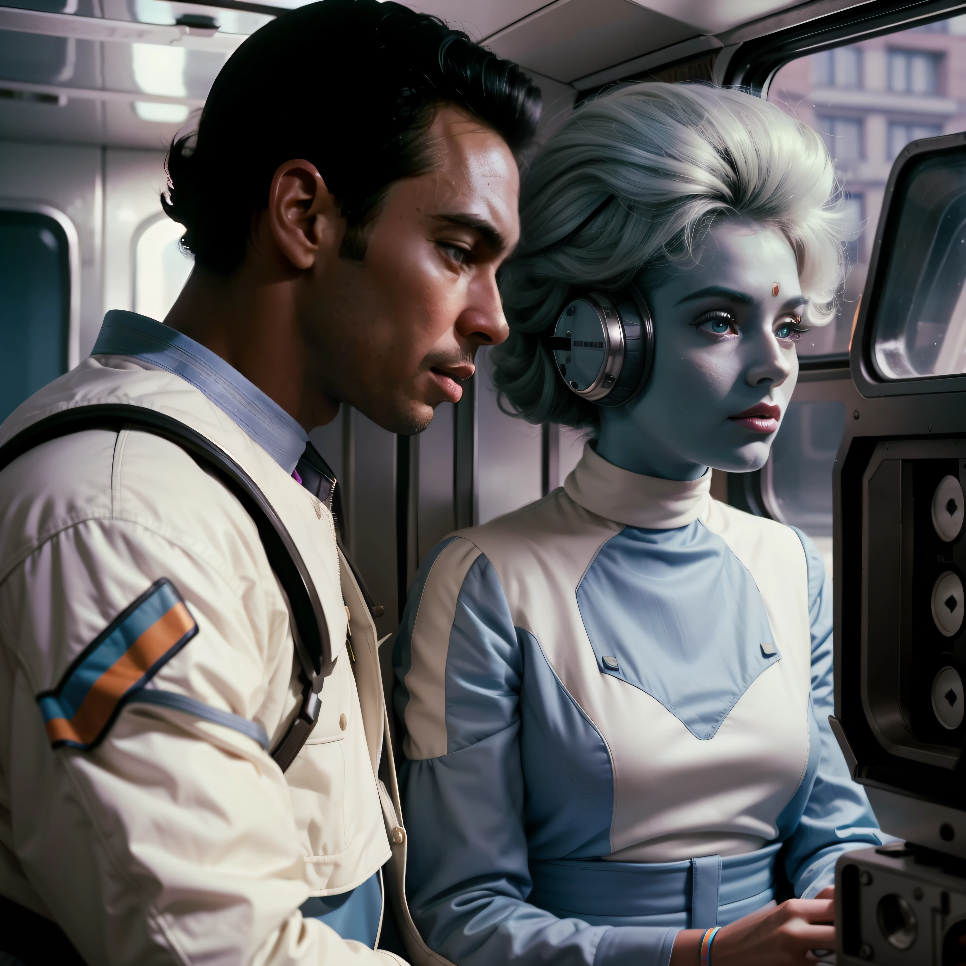 4k image from a 1960s science fiction film by Wes Anderson, Filme O Grande Hotel Budapeste, pastels colors, Young people wearing retrofuturistic alien masks and holding colorful suitcases and chests on the bus, Retro-futuristic fashion clothes from the 60s with old robots, Luz Natural, Psicodelia, futurista estranho, retro-futurista, photo-realistic, Sharp background details.