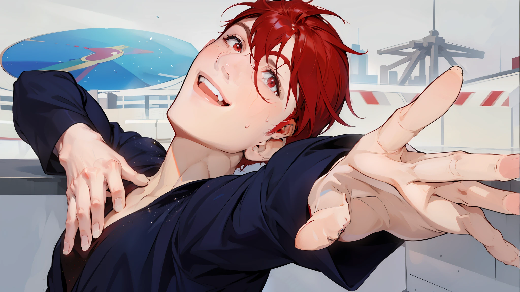 Handsome man, red hair. Red eyes, smiling, smiling, stiff on the rink, posing beautifully, behind the rink, glittering dress, sweating a little, happy, shining, reaching out your hand, posing beautifully.