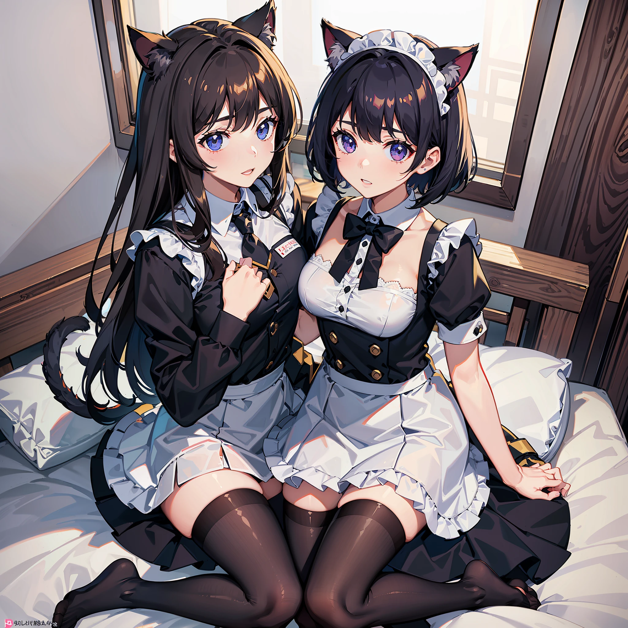 (Best quality),(Detailed), (2 girls),A girl wearing a JK uniform,Another girl wears a maid outfit,Girls in maid outfits have cat tails,Girls in maid outfits have cat ears on the top of their heads,The girl in the maid outfit has short hair,The girl in the JK uniform has long chest-length hair,Girl in JK uniform pressed on top of girl in maid outfit,white thighhighs,Medium breasts