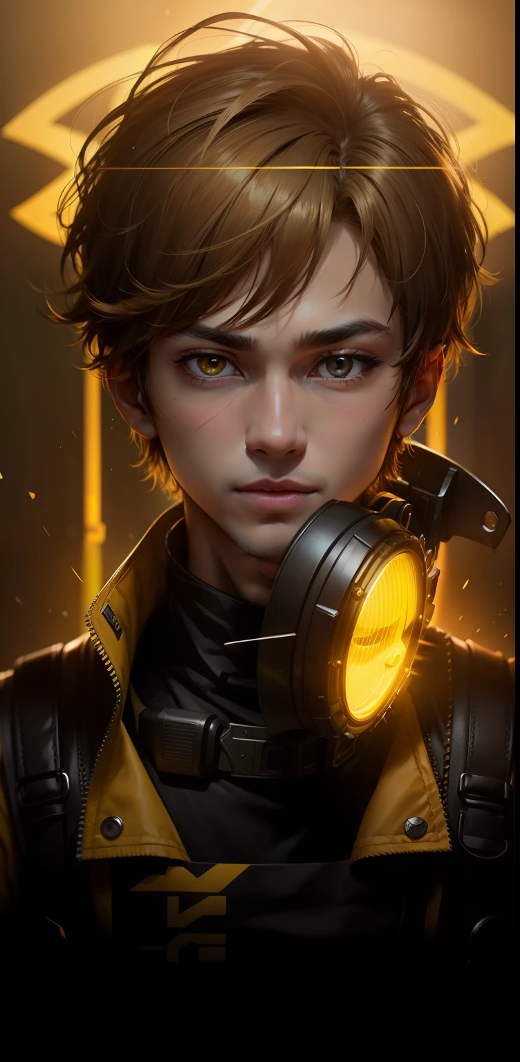 Change background syberpunk handsome boy yellow light on face clear face