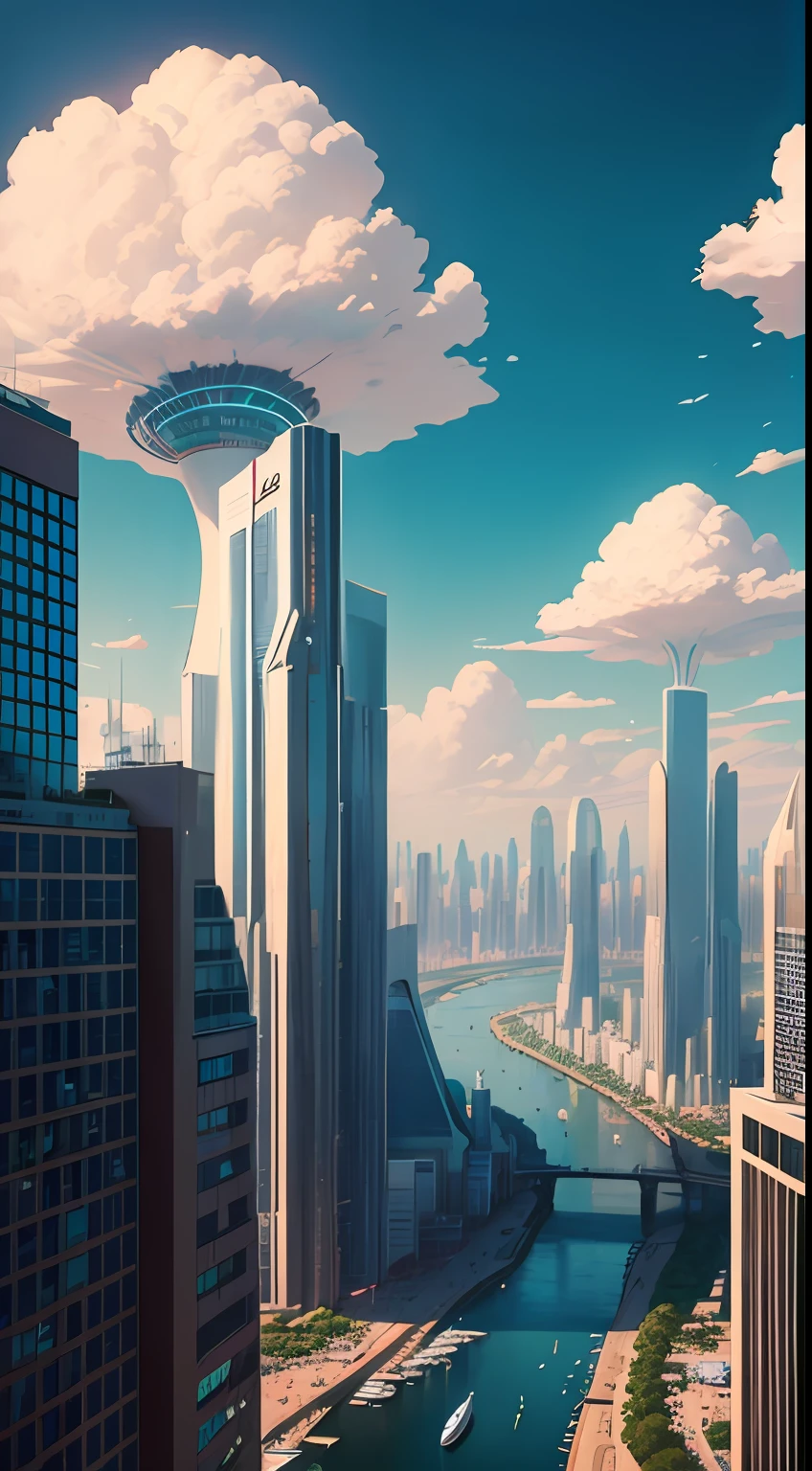 City skyline view with lake and park, illustration by Cha Shibiao, shutterstock, Art Nouveau, Shenzhen, Shenzhen, Shenzhen. Guangjian, the ultra-wide view of the urban landscape, the sci-fi buildings that break through the imagination, all buildings have a sense of technology and are full of technology. A sci-fi blockbuster with a sense of sight. There are flying saucers and spaceships looming in the sky. Architecture combined with lighting. Neon building. Beautiful city of the future, beautiful cityscape, tech city background, Hou porcelain, with a city in the background. Inspired by Makoto Shinkai's popular concept art and masterpieces on pixiv, vision (wide angle lens), super high resolution (fidelity: 1.4), super high quality, extremely detailed CG Unity 8k wallpapers, aesthetics, award winning photography, real High Detail, Detail Enhancement, Blur Removal, Intricacy, Traveling Art. Visually stunning. Beautiful future city, beautiful city, dream land of Chinese people, pexels, blue hour photography, Chinese dreamland, spectacular clouds, fantasy clouds.