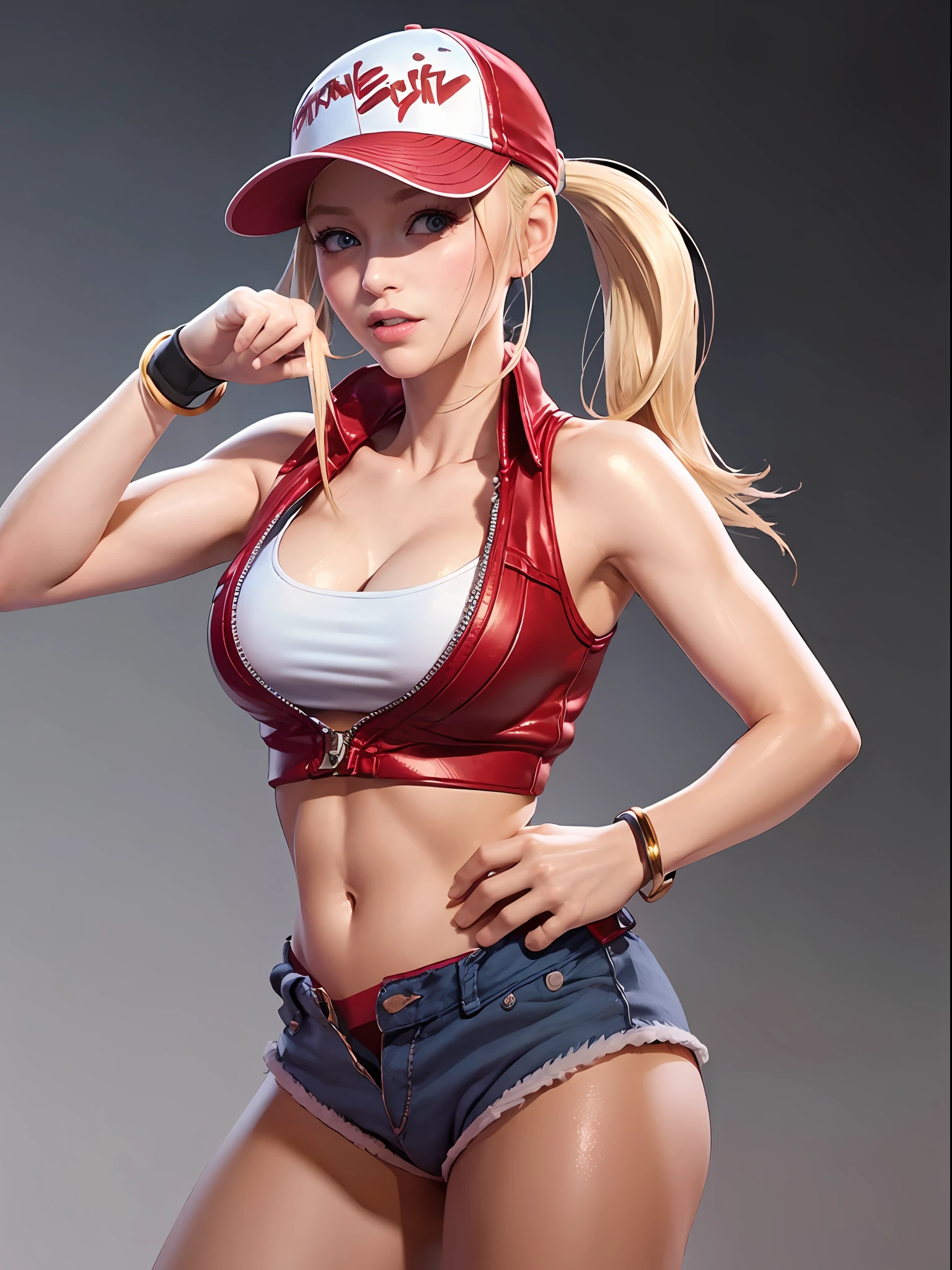 1girl, terry bogard girl, blonde hair, ponytail, blue eyes, long hair, baseball cap, fingerless gloves, denim shorts, shoes, face focus, central park background, (8k), (best quality), (masterpiece:1.2), (realistic), (ultra-detailed), (detailed eyes:1.2), (detailed face:1.2), (realism:1.2), (ultra quality), (intricate), (85mm), light particles, lighting, (highly detailed:1.2), (gradients), sfw, colorfull, daylight, solo