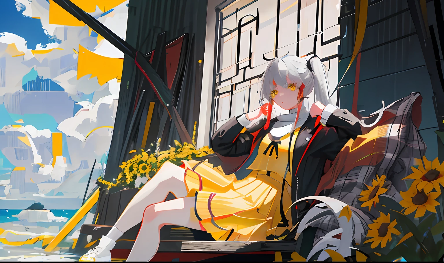 teens girl，whaite hair，Red pupil of the left eye，Yellow pupil of the right eye，Duck sitting position，Black sweater，White trench coat，Gray plaid skirt，Long hair and low ponytail，Sitting in a sea of flowers，sunshine on face，Flowers in hand