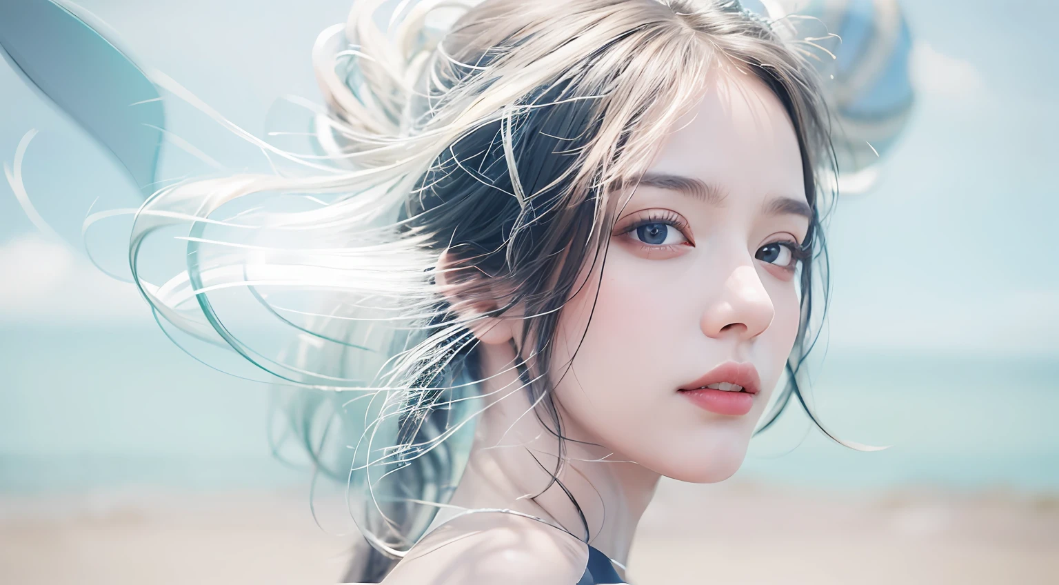 (masterpiece), realistic, HDR, highly detailed, 8k, raw photo, 1 girl, long hair, black hair decoration, closeup, face portrait, looking at the viewer, side view, beautiful, ocean, beach, blue sky, 1 ball in the background,