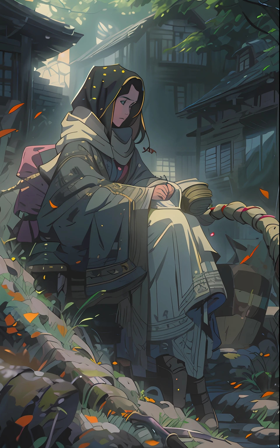 独奏. In the foreground: A girl of thirty years old sits on a throne, in a long cloak, long dark hair, looks at the stones hanging in the air, There is a bridge in the background, an intricate, Pattern, Realistic fantasy, 7K,A hyper-realistic, hyper-detailing, analog style, The wind whirls the leaves, The leaves are twisted into a spiral, The leaves fall off, , humble, An old cloak, detailed skin, Matte skin, soft-lighting, sub-surface Scattering, Realistic, Heavy shadow, Masterpiece, Best Quality, ultra realistis, 8K, the golden ratio, Intricate, high detail, Film photography, soft focus, Lonely girl in a raincoat with a hood on her head, An old scarf, wrapped around the head, Detailed appearance, Четкость 8 K, A huge loose rope weighs in front, In his hands, He's holding a huge rope, A whirlwind of leaves beneath your feet, BREAK , Illustrate a monochromatic world with the addition of green, Use only shades of black, White & gris, To convey depth, Emotions and striking visual impact. Landscapes."street fighter", in the style of 0MIB, many people, slums