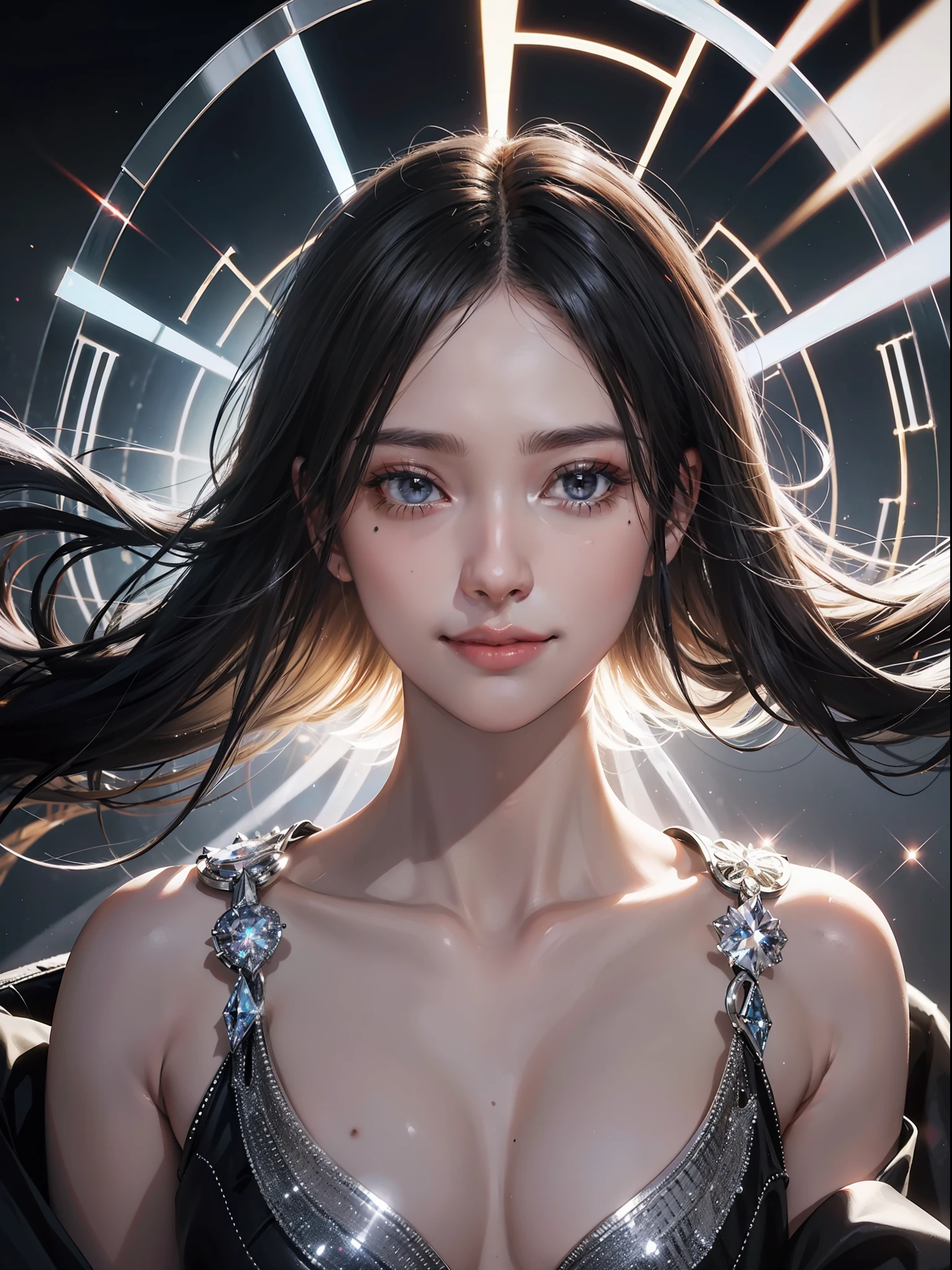 Black hair, crystal hair, hair splayed out, Smile, Mole under the eyes, Best Beauties, Art deco, Anime, romanticism, Realism, Cinematic lighting, depth of fields, reflective light, One-person viewpoint, Lens Flare, Bust Chart, nffsw, Anatomically correct, Textured skin, high details, 4K