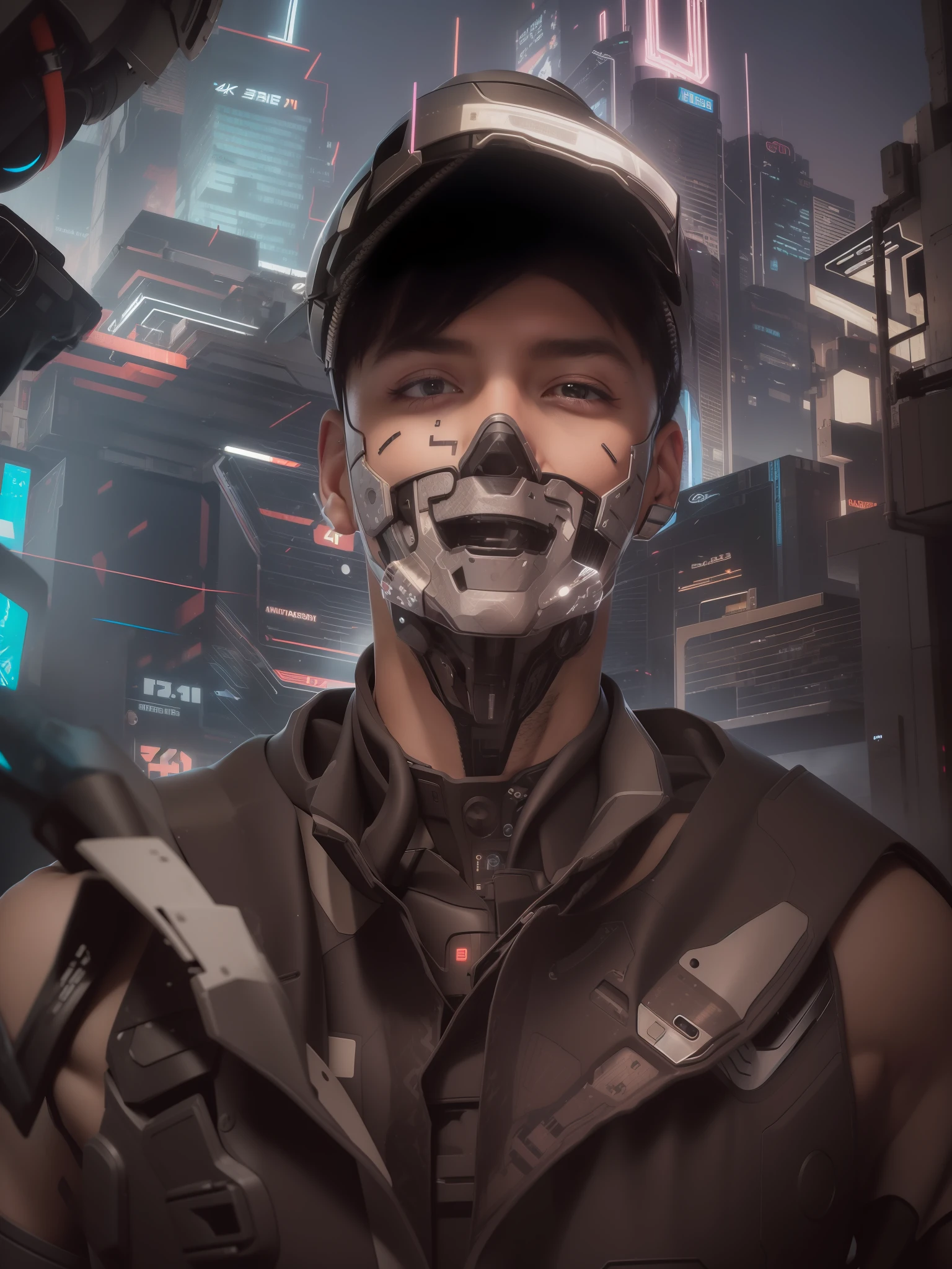 ((Best Quality, 4K, Masterpiece: 1.3)), (Detailed: 1.4), Reality, 1boy, Cybernetic_Jawless, mask, mechanical parts, cybernetic, cyberpunkAI, neon, 4K, HD, Ultra Realistic, extremely detailed, mecha, jump, trapezius Muscle, neck Muscle, cyberpunk splash, neon splash, a man with black hair, cyberpunk body, semi robotic body, armor body