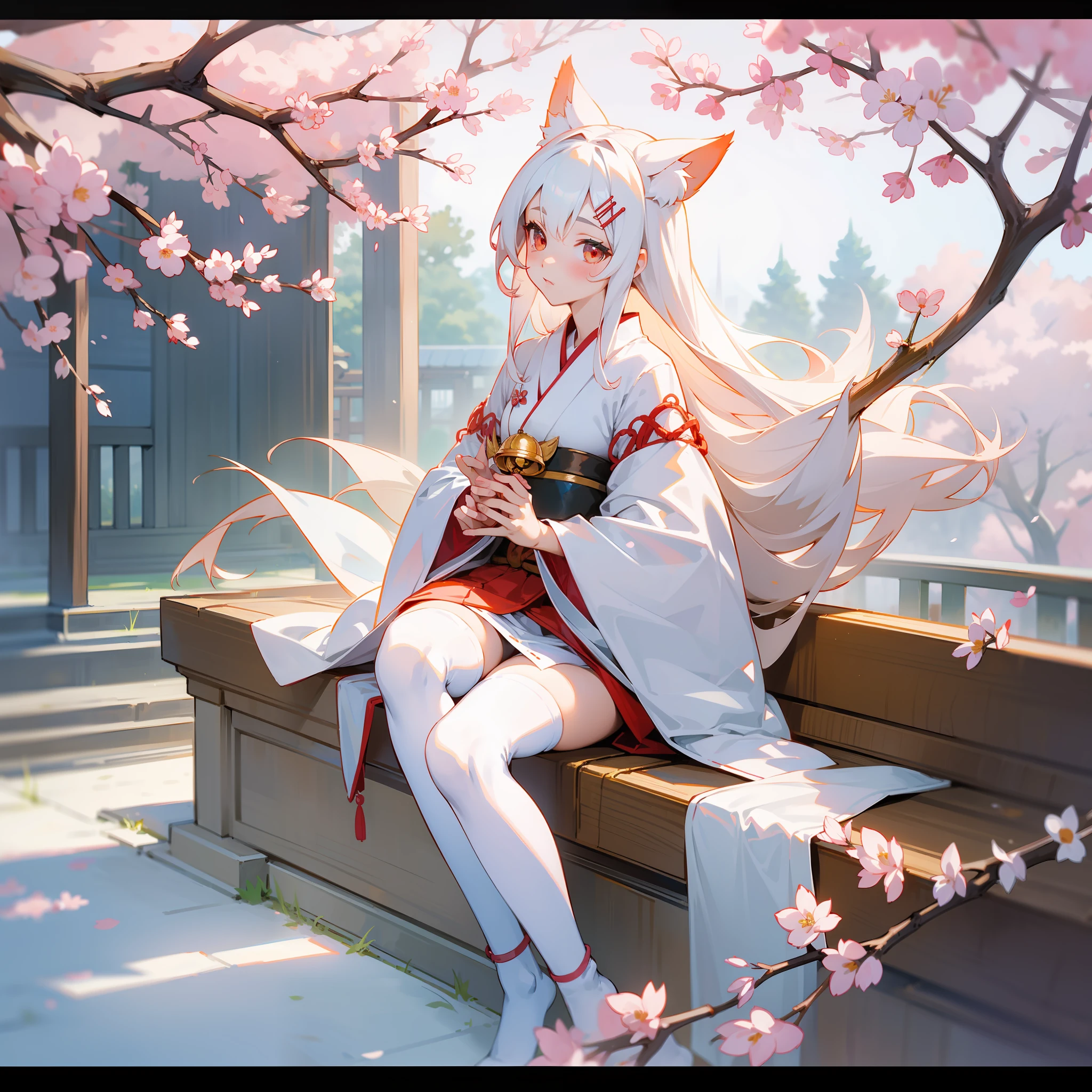((best qualtiy)), Beautiful portrait of a genki girl,Sweet girl,the cherry trees,exteriors,White hair,red color eyes,Japanese anime,White robe,Wear flower-shaped hairpins,There are flower-shaped ornaments around the waist,Face the Japanese,adolable,Anime figure,Bell in hand,detail-rich,White knee-length socks,show legs,fox ear,White tights,White stockings