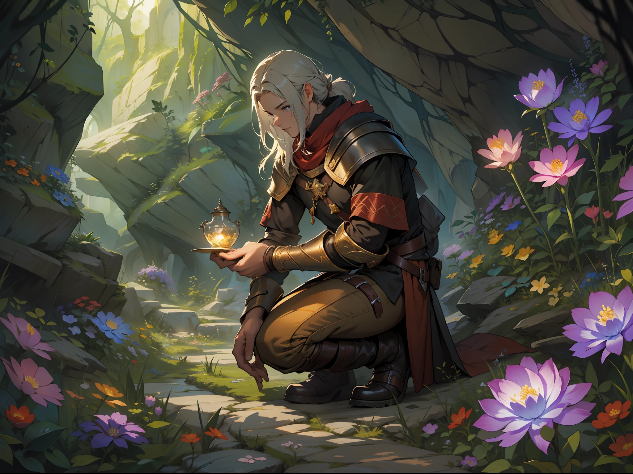 High image quality, High quality, Detailed brushwork, Beautiful coloring. Medieval European fantasy. Adventurers collecting shining flowers, Glowing stone flowers blooming in the depths of a glowing pyroxene cave. An old adventurer on a long adventure. leather armor, Wool tunic and pants, place々Rubbed boots. Adventurers kneel on the floor of a cave、Gently reach out and touch the pale thing, shiny, Flowers made with great care. cave background.