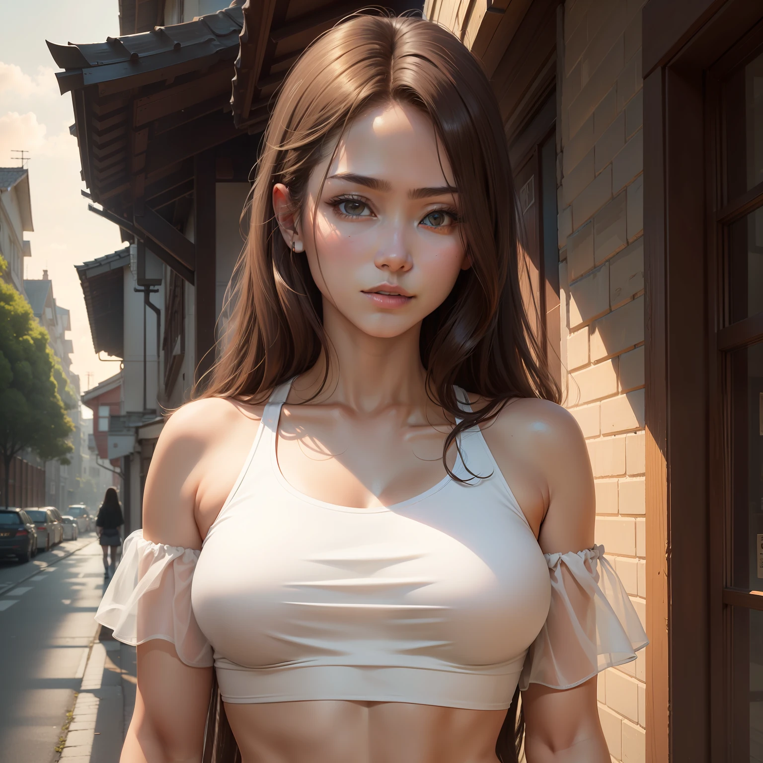 ((Highest quality lighting、Masterpiece 8K realistic wallpapers))、Clear focus:1.2、1人の女性、perfect body type:1.4、Slimed:1.1、((dark brown  hair))、(White crop top:1.4)、(House outside at night:1.1)、Street style、Fine face、Big black eyes、二重まぶた、the golden ratio