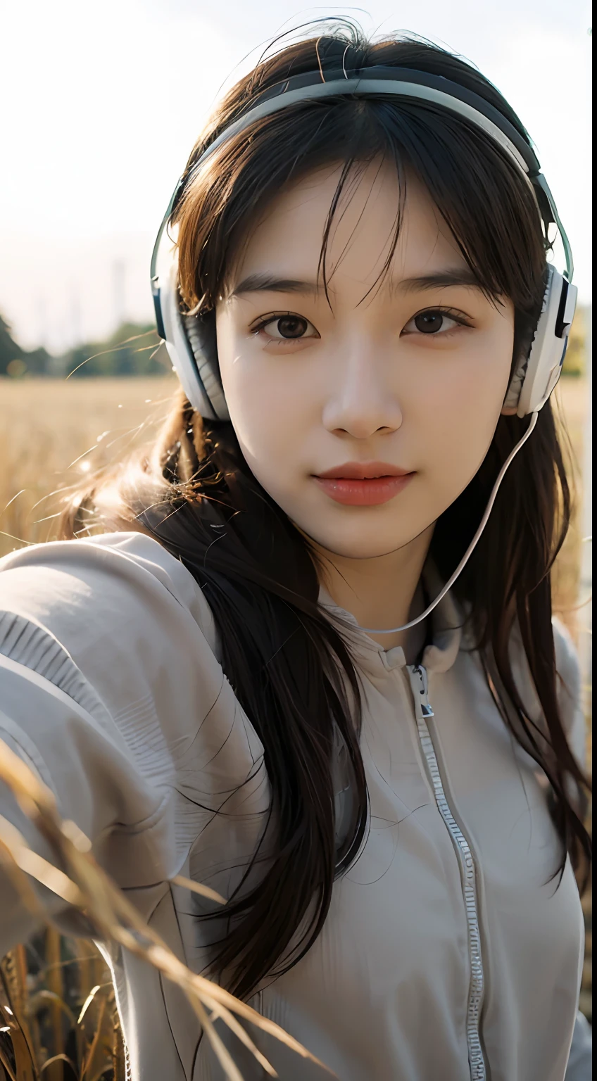 Best quality, masterpiece, super high resolution, (realistic: 1.4), original photo, wallpaper, head photo, skin, simple background, black eyes, detail, selfie, 1 boy, 18 years old, handsome, breeze, sunshine, headphones, wheat field