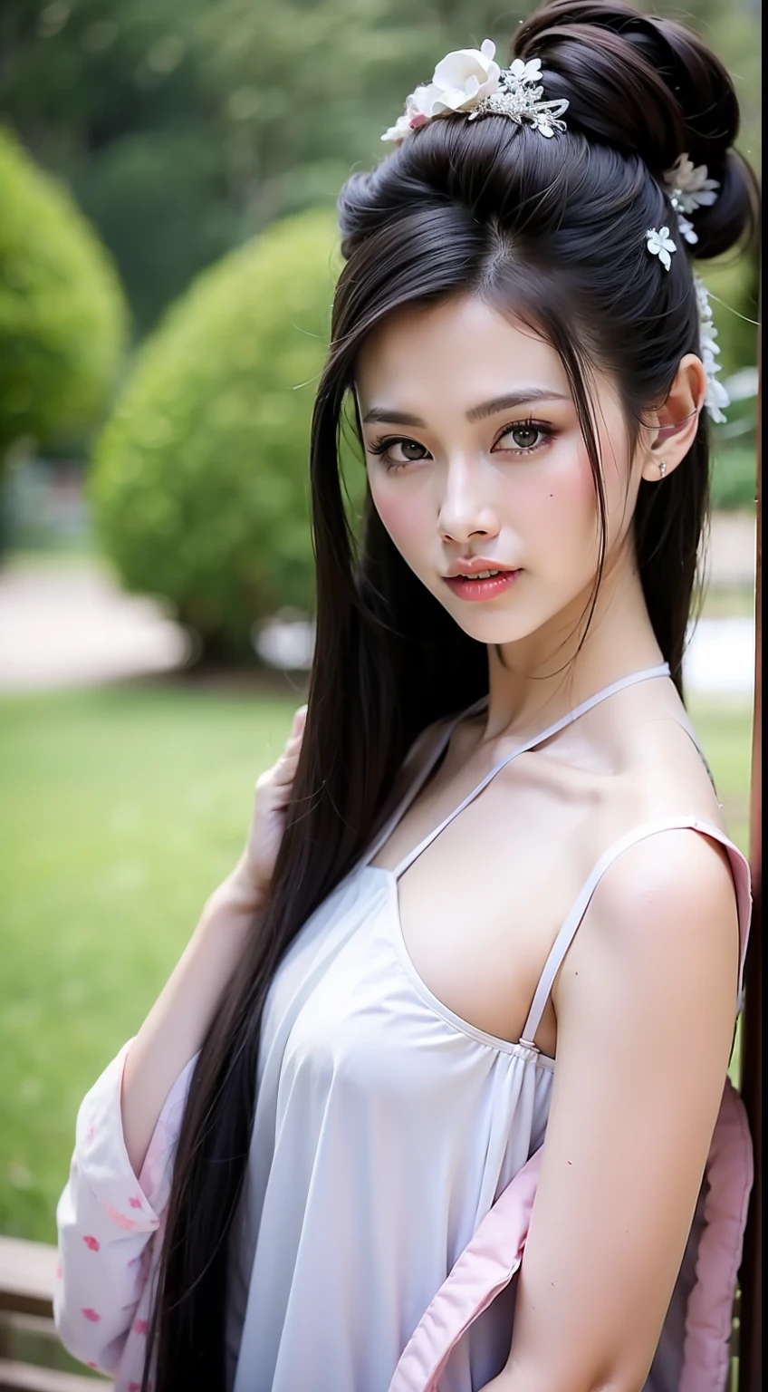 Fashion model 16 years old [[[[closeup cleavage]]]], [[[[boobgasm]]]], [[[[coll]]]], [[[[bshoulders]]]], perfect  eyes, Perfect iris，Perfect lips，perfect teeth，Perfect skin，Slender face，Soft front light，hdr，Movie girl，Casual，The background is green trees and fields；（pastel colour：1.2）