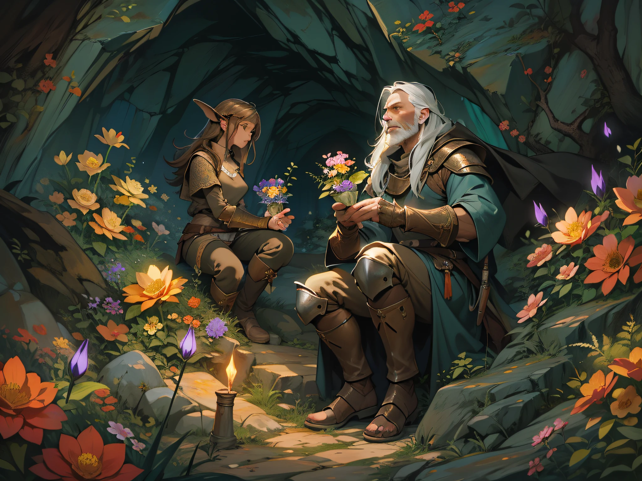 High image quality, High quality, Detailed brushwork, Beautiful coloring. Medieval European fantasy. Adventurers collecting shining flowers, Glowing stone flowers blooming in the depths of a glowing pyroxene cave. An old adventurer on a long adventure. leather armor, Wool tunic and pants, place々Rubbed boots. Adventurers kneel on the floor of a cave、Gently reach out and touch the pale thing, shiny, Flowers made with great care. cave background.