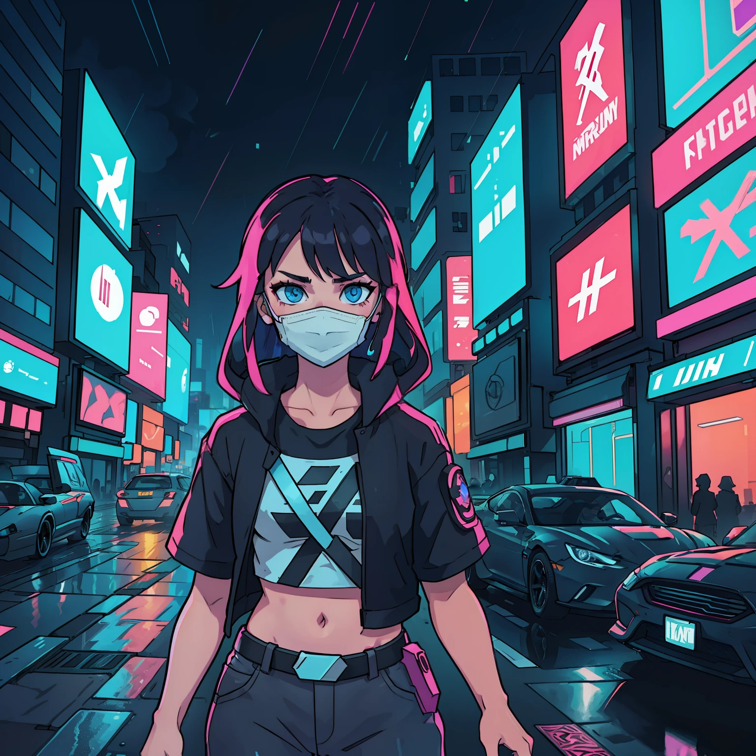white girl wearing a cyberpunk mask, cyberpunk city background, people and cars in the background, light rain, neon lights, great lighting, low saturation colors, 2d, flat, t-shirt design