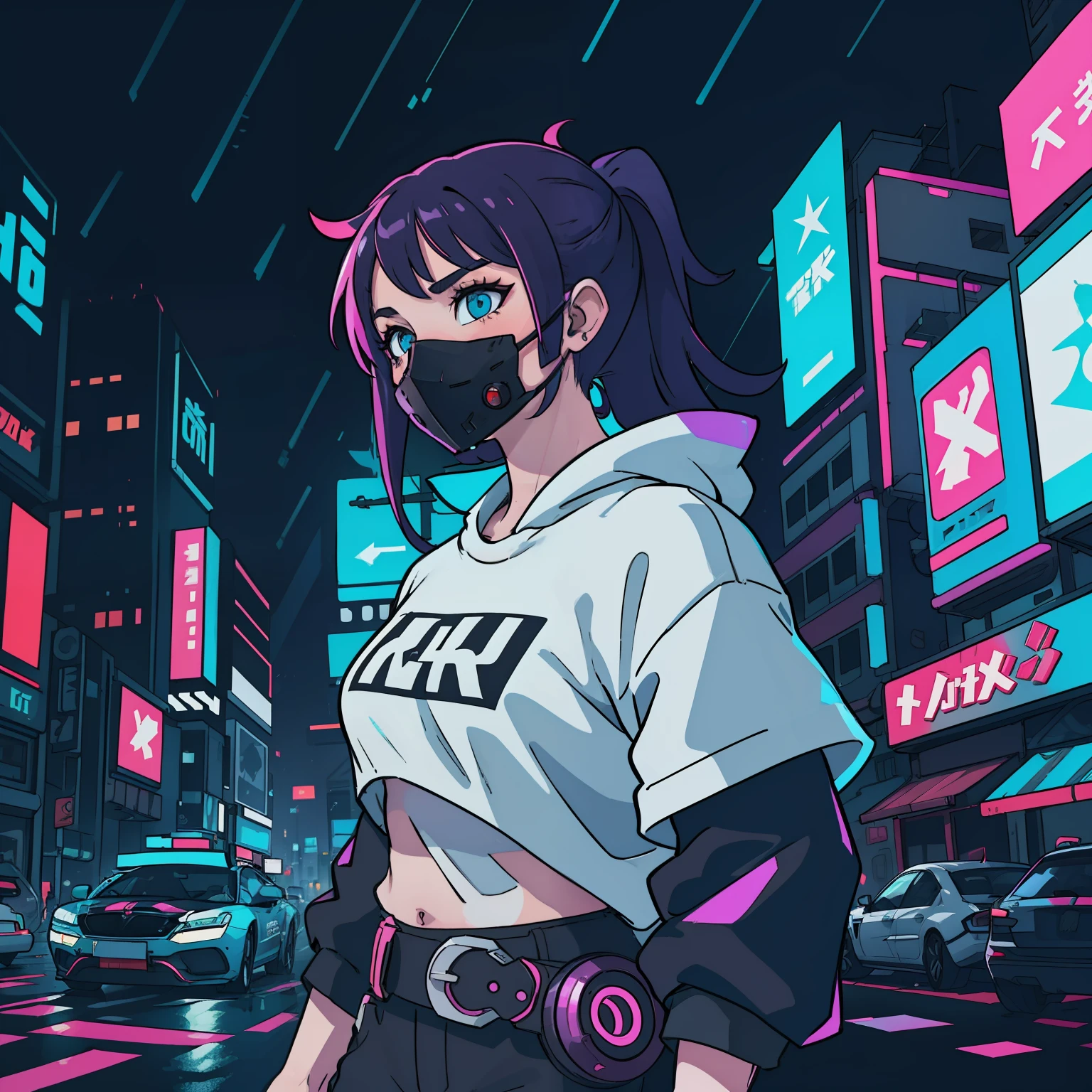 white girl wearing a cyberpunk mask, cyberpunk city background, people and cars in the background, light rain, neon lights, great lighting, low saturation colors, 2d, flat, t-shirt design