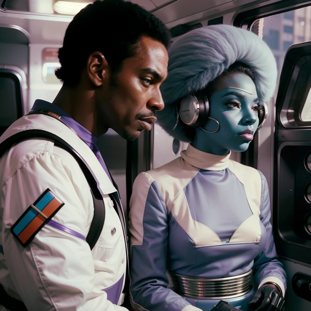 4k image from a 1960s science fiction film by Wes Anderson, Filme O Grande Hotel Budapeste, pastels colors, Black man and black woman with lilac black power wearing retrofuturistic alien masks and holding colorful suitcases and chests on the bus, Retro-futuristic fashion clothes from the 60s with old robots, Luz Natural, Psicodelia, futurista estranho, retro-futurista, photo-realistic, Sharp background details.