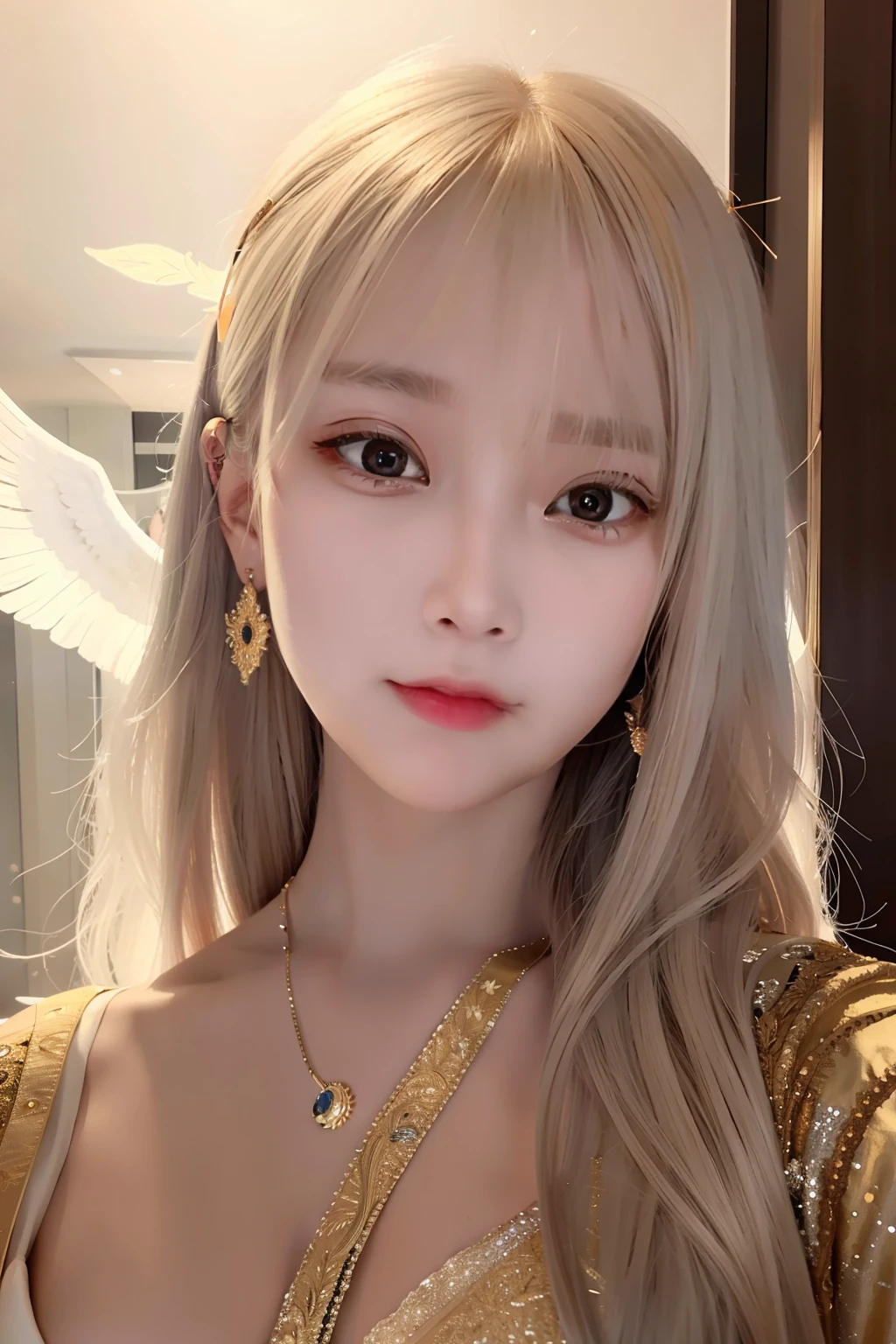 Masterpiece, Best quality, Ultra-detailed, illustration, Close-up, straight on, Face focus, 1girll, White hair, Golden eyes, Long hair, Halo, Angel wings, Serene expression, view the viewer