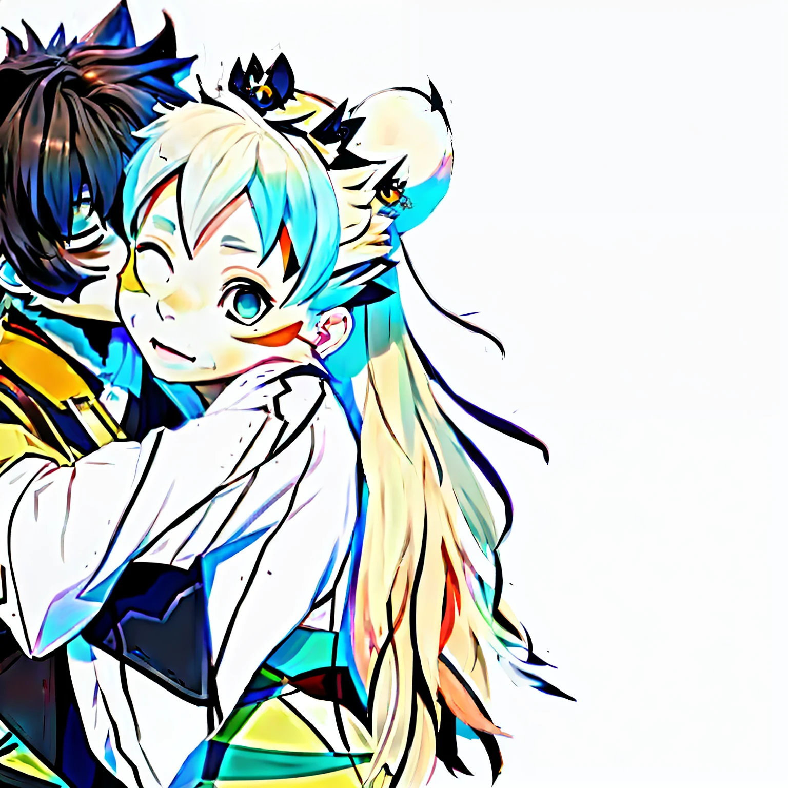 Anime couple hugging each other with their eyes closed, sasoura, smiling at each other, shirabii, both laughing, white haired Cangcang, kissing together cutely, so happy that her face hurts, shikamimi, author:Uesaka Seka, Inspired by the China Expo Park, arm around her neck, sougetsu, Sirius A and Sirius B