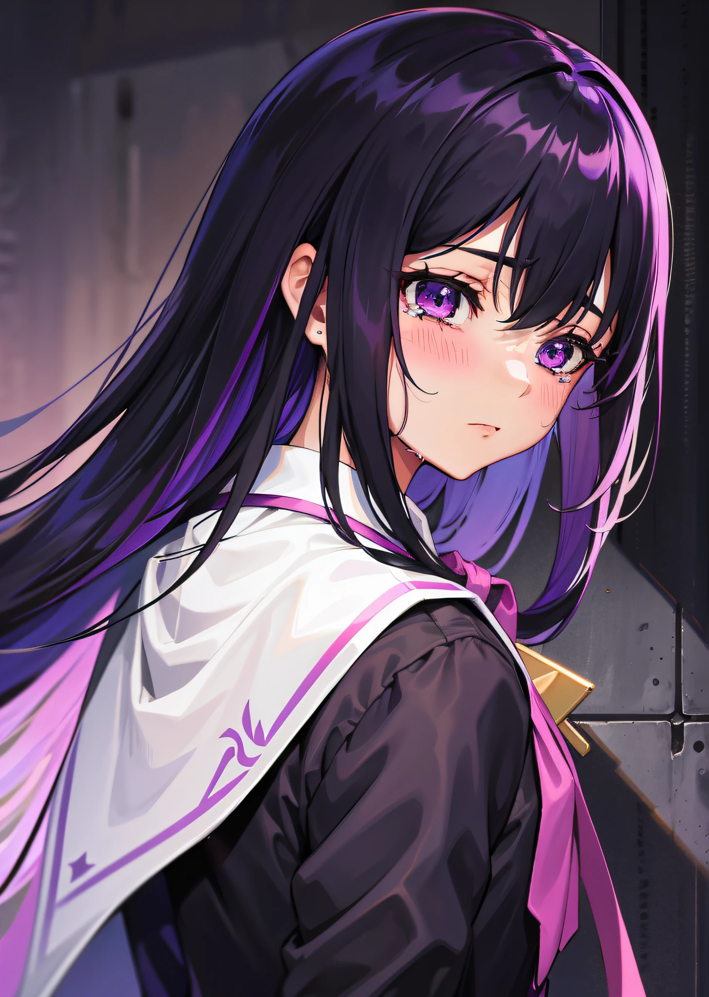 Purple long hair, royal sister, black silk, college student, school uniform, crying