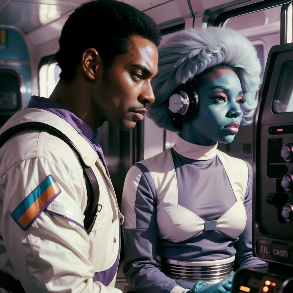 4k image from a 1960s science fiction film by Wes Anderson, Filme O Grande Hotel Budapeste, pastels colors, Black man and black woman with lilac black power wearing retrofuturistic alien masks and holding colorful suitcases and chests on the bus, Retro-futuristic fashion clothes from the 60s with old robots, Luz Natural, Psicodelia, futurista estranho, retro-futurista, photo-realistic, Sharp background details.