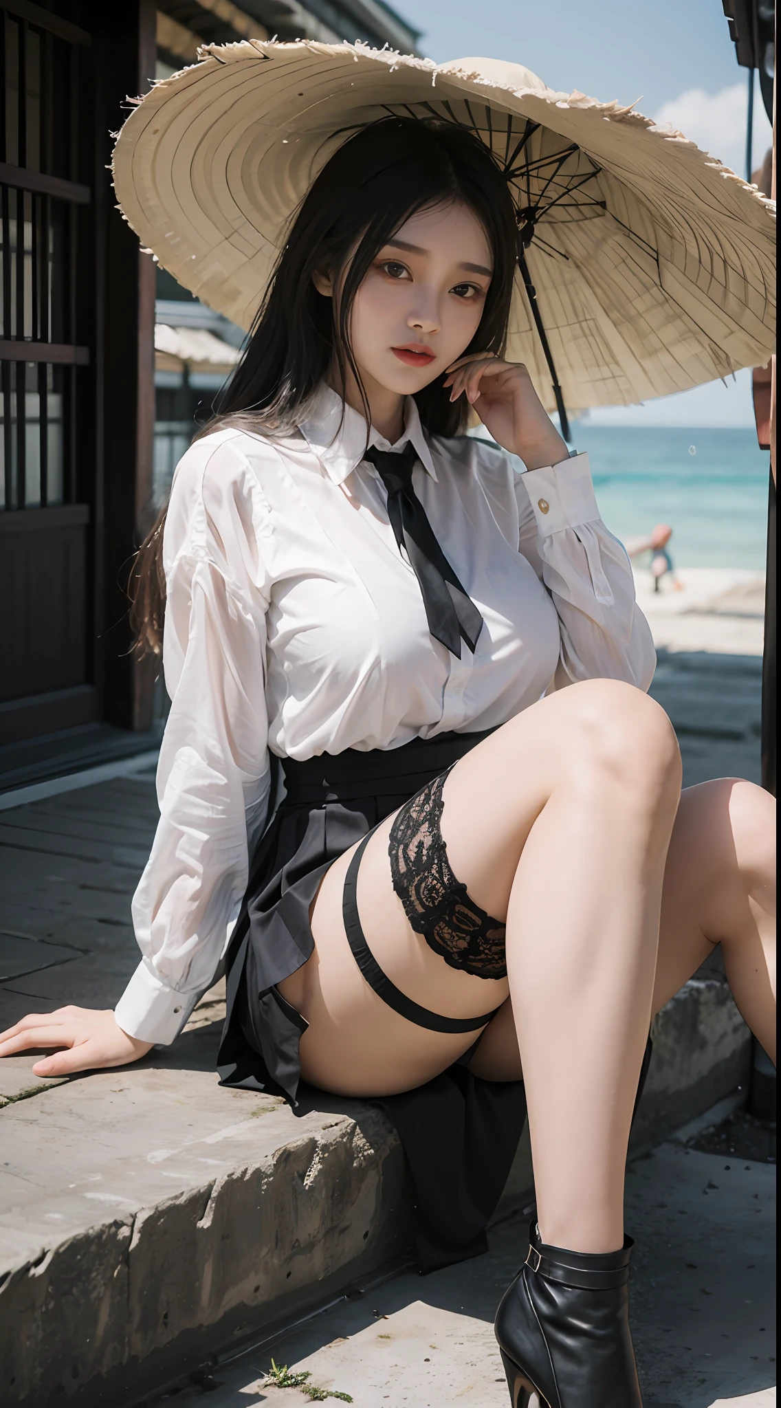 Alafi woman by the sea,sexy for,Black silk pleated skirt,white shirt,Black silk is worn on the legs,Elongated legs,2 ,thicc,She was about 26 years old,Height 170 cm,korean people,Delicate face,realisticlying,Japan goddess,very Bigger breasts,Black stockings,Hand optimization