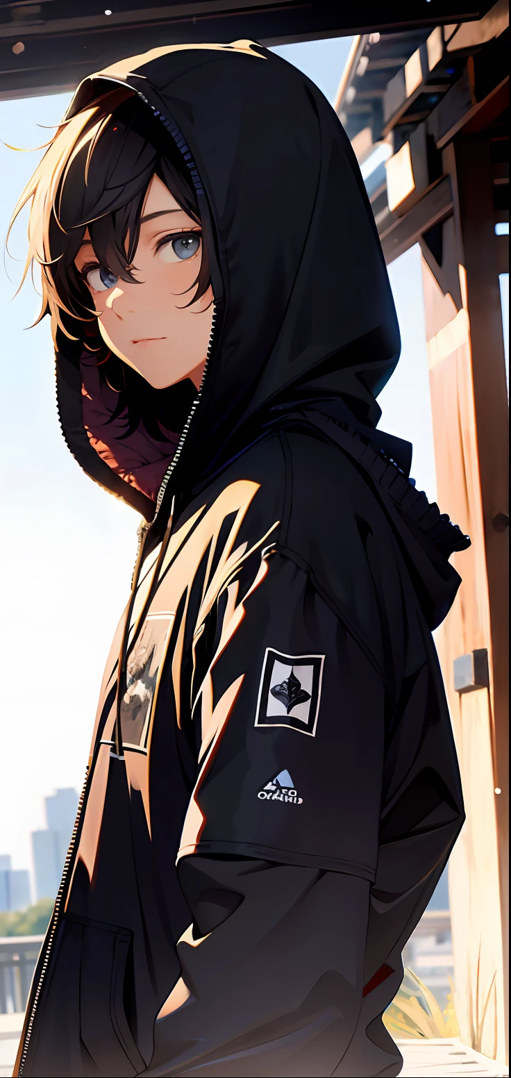 A high resolution,the detail,A masterpiece,The level of detail is extremely high,A boy with,Wear a hood,Top-down view,城市。
