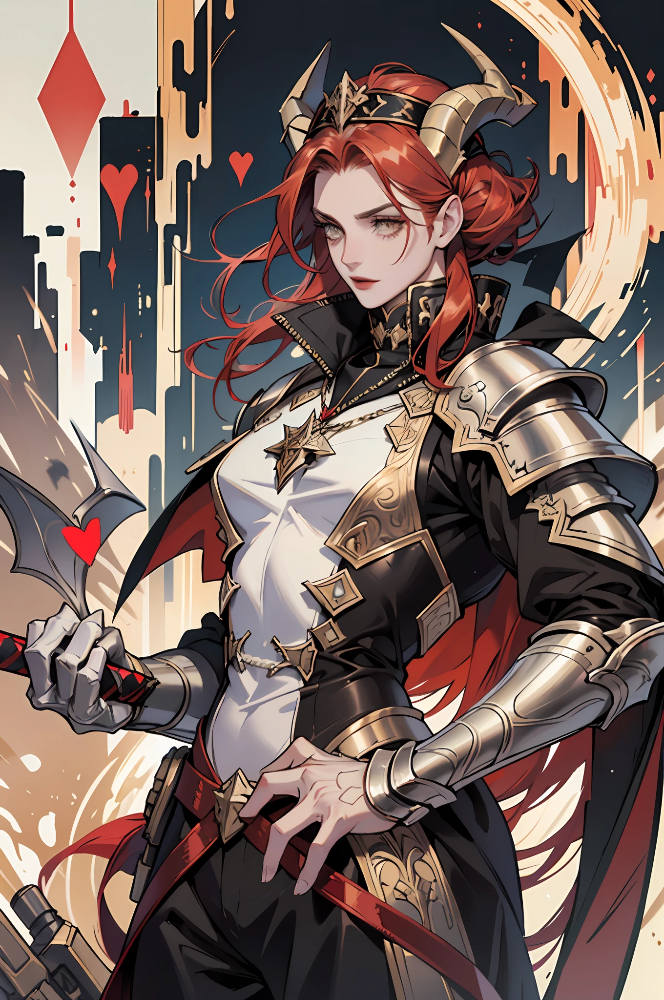 Realistis，（tmasterpiece），top Quority，warrioress，best qualtiy，redheadwear，（Redlip，Gorgeous outfit）Gold eyes，long whitr hair，holy paladin，Elongated eyes，Beautiful demon，Banshee with heart-shaped tail and demon horns，Paladins dressed up，heavily armored，offcial art，Tiflin，White skin of the，eyes with brightness，Gold eyes，Sheep horns，devil horns，redheadwear，Demon tail，heart-shaped tail，Heavily armored warriors，Heavy armor in the Middle Ages，Giant sword，javelin，Holy emblem