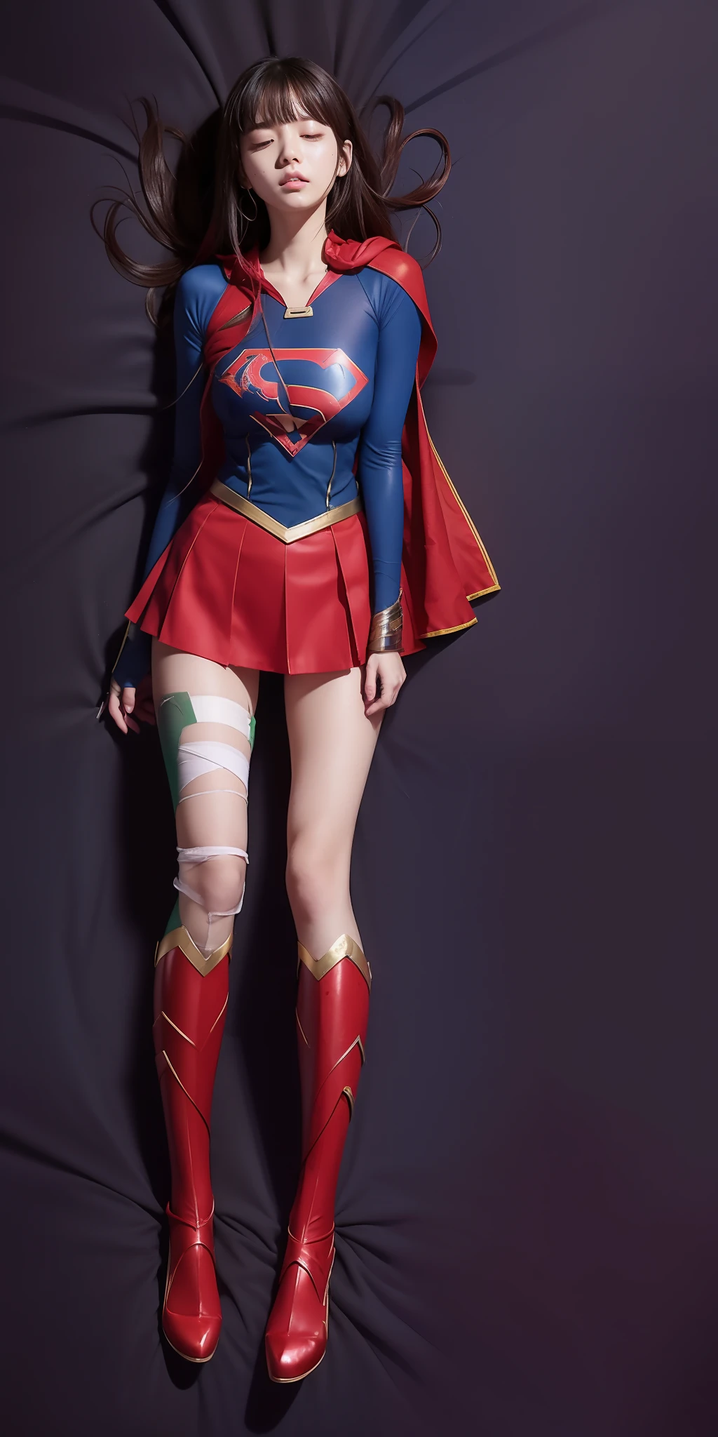 Bleeding、Injured、Eyes closed、s asleep、Suffering、Painful look、Clothes are shredded、torn、Bilibili、tight body、super girl、Bloody、Bloody、Bandaging、a beauty girl、超A high resolution