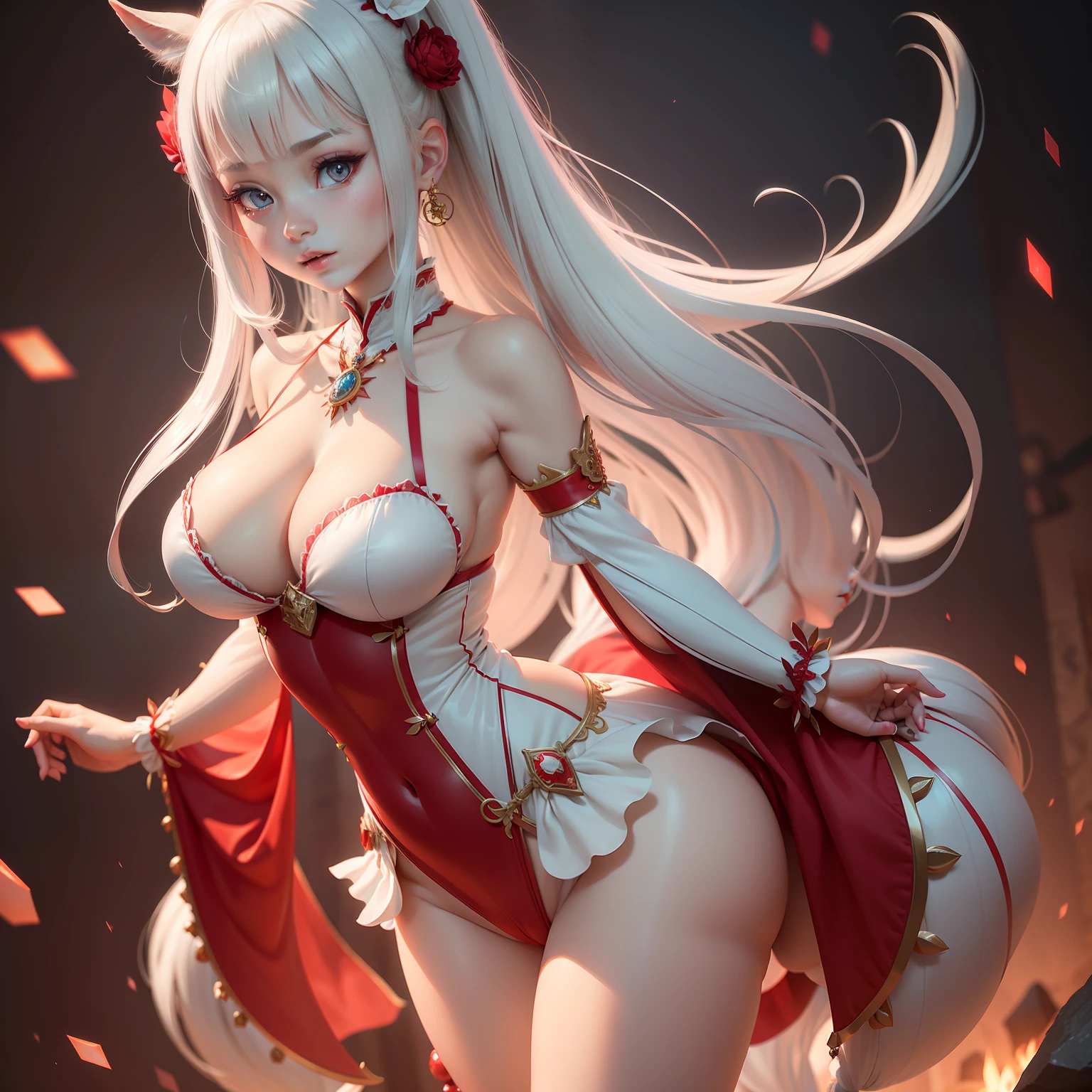 high qulity,3d,8k cg,Complicated details,detailed back ground。small curvaceous ,Red and white witch costume,dual horsetail,pale milky white porcelain skin,Lori huge breasts cleavage,holograph,trinkets