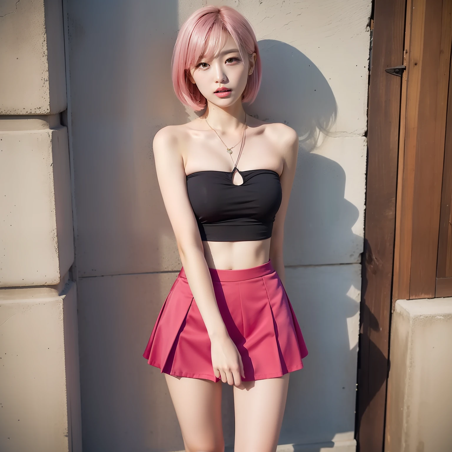 tmasterpiece，Need，1 bandeau skirt short skirt girl，A short skirt blown up by the wind，Thin，flatchest，long leges，Pink panties，sandals