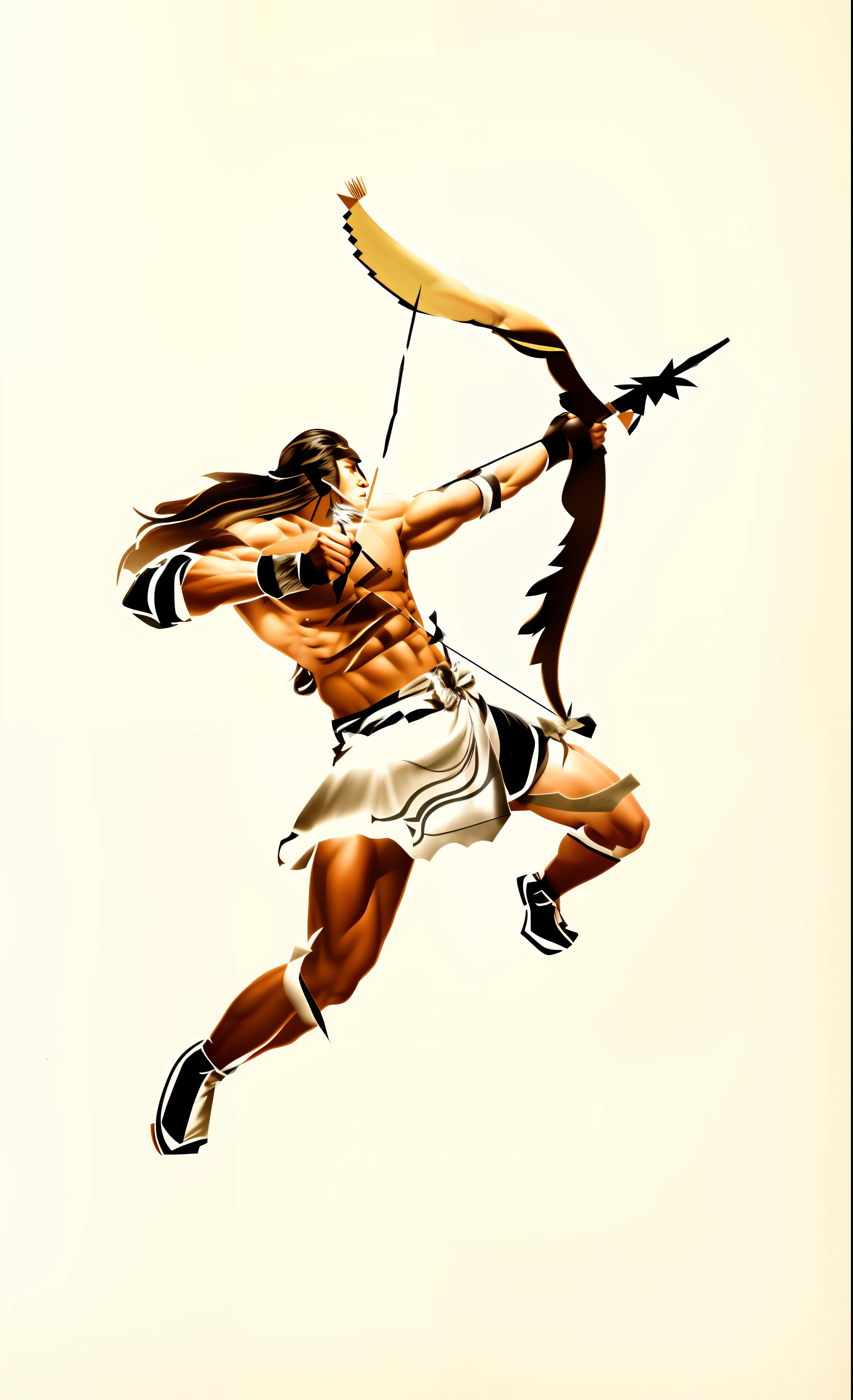 Muscular shirtless shirtless long haired asian man，Wearing animal skin skirts，Draw a bow and shoot arrows