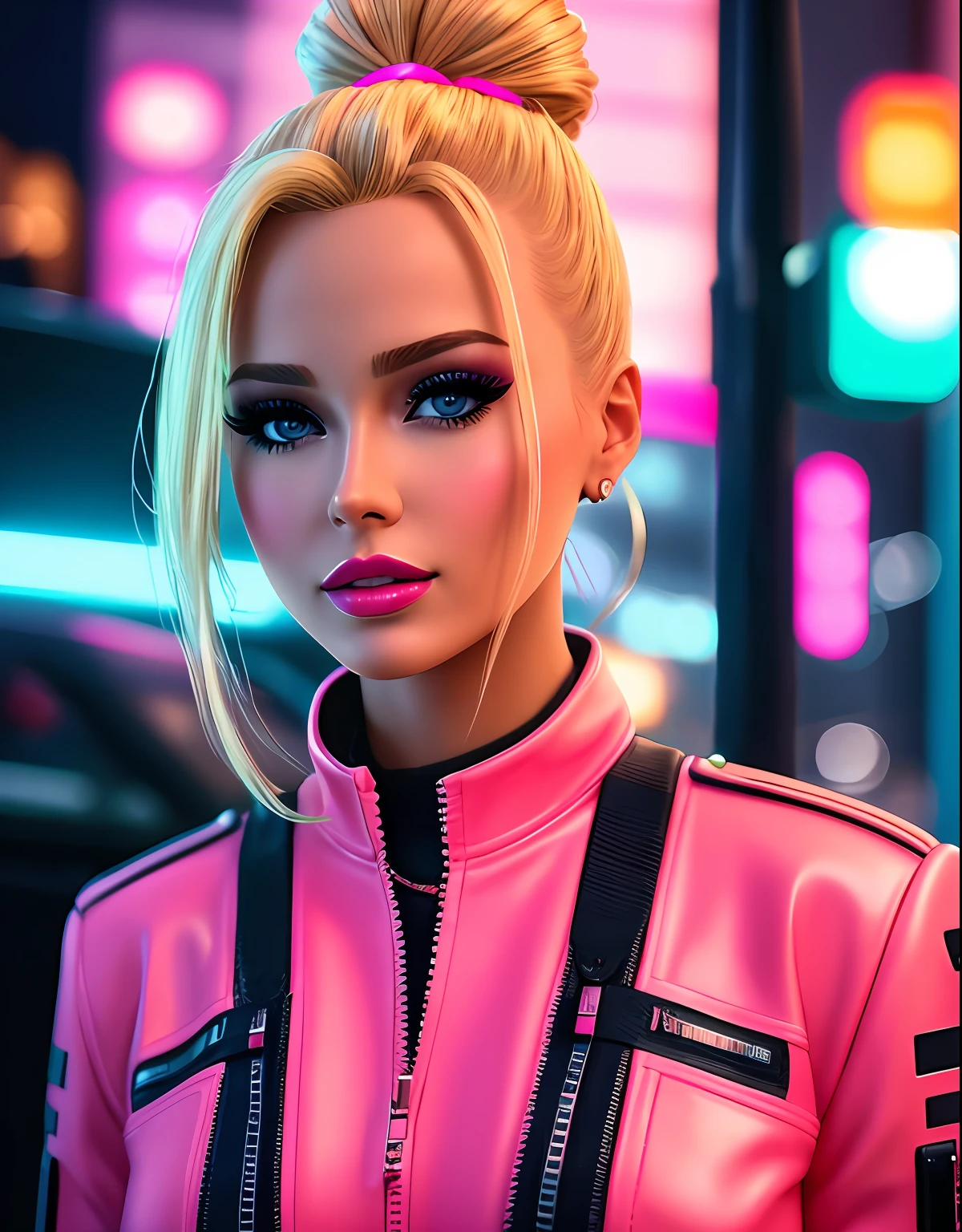 Close-up, foto crua de Barbie, Cidade Cyberpunk movimentada com placas de neon, altamente detalhada, arts station, liso, foco nítido, 8k, trending in instagram, Trending on Tumblr, HDR 4K, 8k