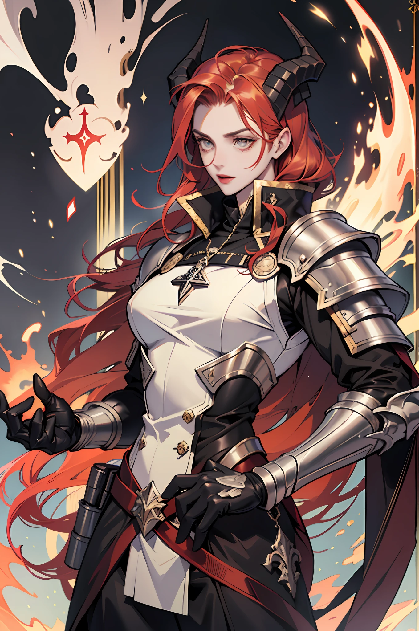 Realistis,(tmasterpiece),top Quority,warrioress,best qualtiy,redheadwear,(Redlip,Gorgeous outfit)Gold eyes,long whitr hair,holy paladin,Elongated eyes,Beautiful demon,Banshee with heart-shaped tail and demon horns,Paladins dressed up,heavily armored,offcial art,Tiflin,White skin of the,eyes with brightness,Gold eyes,Sheep horns,devil horns,redheadwear,Demon tail,heart-shaped tail,Heavily armored warriors,Heavy armor in the Middle Ages,Giant sword,javelin,Holy emblem