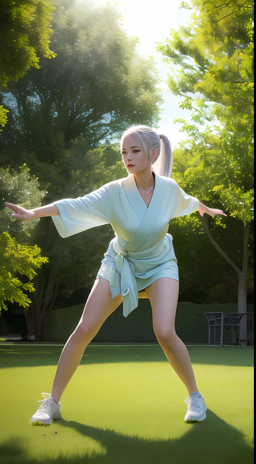 beautiful young girl is playing Tai Chi, in the park, silver hair, split ponytail, Conceptual art, best photo shot, glowing light, realistic, UHD, textured skin, masterpiece, anatomically correct, best quality, 8k, full body, from below