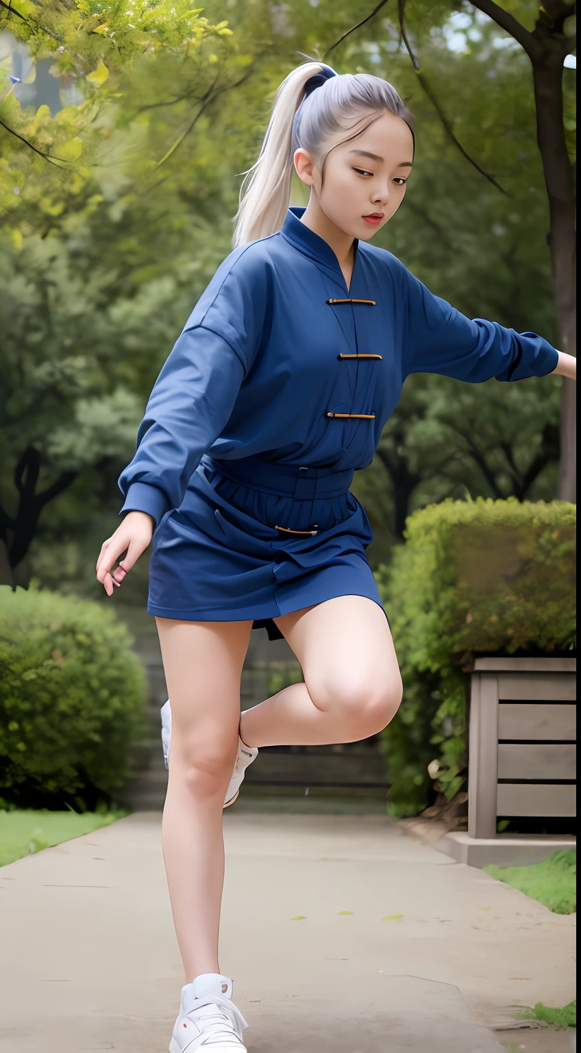 beautiful young girl is playing Tai Chi, in the park, silver hair, split ponytail, Conceptual art, best photo shot, glowing light, realistic, UHD, textured skin, masterpiece, anatomically correct, best quality, 8k, full body, from below