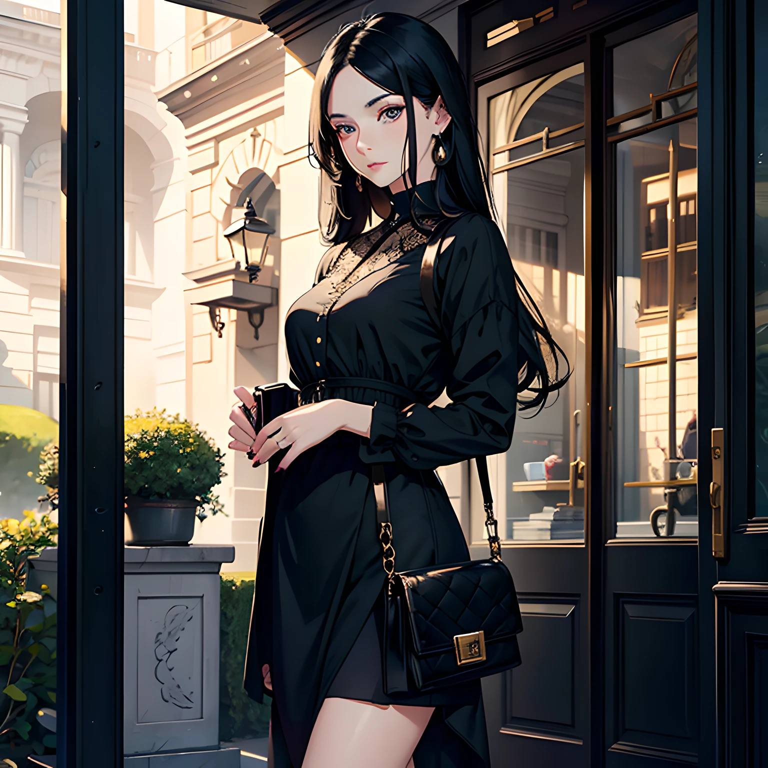 Masterpiece 4K HD pictures，Realistic and delicate，There is a contrasting lady in the picture，She has long black hair and bright eyes，Fresh style，Wear stylish clothing，She held a purse in her hand