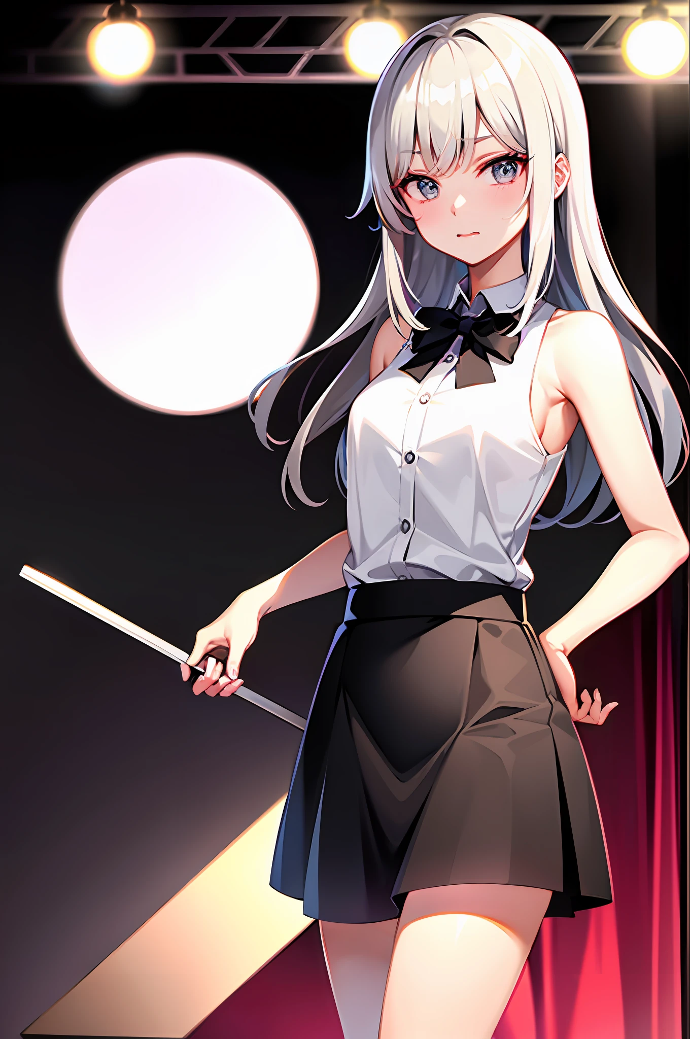 best qualtiy,超高分辨率,1girl,sleeveless white button shirt,a black skirt,Black collar,adolable,(Kpop idol),(aegyo sal:1),(Platinum blonde hair:1),((puffy eye)),It looks like in front of the audience,full bodyesbian,facing the front there,