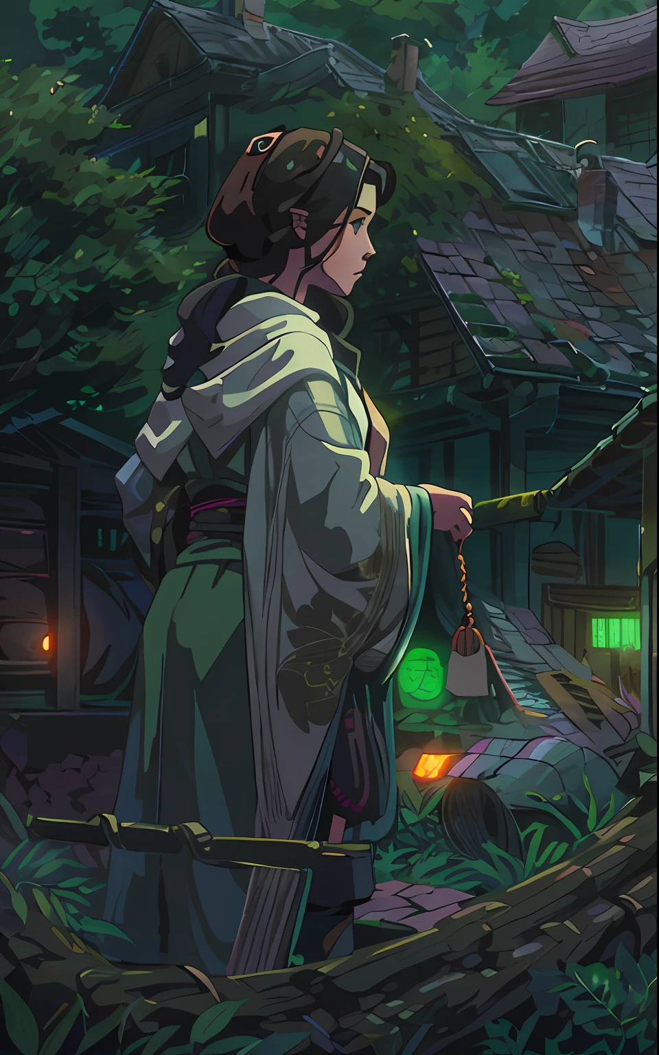独奏. In the foreground is a throne +A girl of thirty years old, in a long cloak, long dark hair, looks at the dangling rope, an intricate, Pattern, Realistic fantasy, 7K,A hyper-realistic, hyper-detailing, analog style, The wind whirls the leaves, The leaves are twisted into a spiral, The leaves fall off, , humble, An old cloak, detailed skin, Matte skin, soft-lighting, sub-surface Scattering, Realistic, Heavy shadow, Masterpiece, Best Quality, ultra realistis, 8K, the golden ratio, Intricate, high detail, Film photography, soft focus, Lonely girl in a raincoat with a hood on her head, An old scarf, wrapped around the head, +TRON, In the background, a man solo, Detailed appearance, Четкость 8 K, A huge loose rope weighs in front, In his hands, He's holding a huge rope, A whirlwind of leaves beneath your feet, BREAK , Illustrate a monochromatic world with the addition of green, Use only shades of black, White & gris, To convey depth, Emotions and striking visual impact. Landscapes."street fighter", in the style of 0MIB, many people, slums