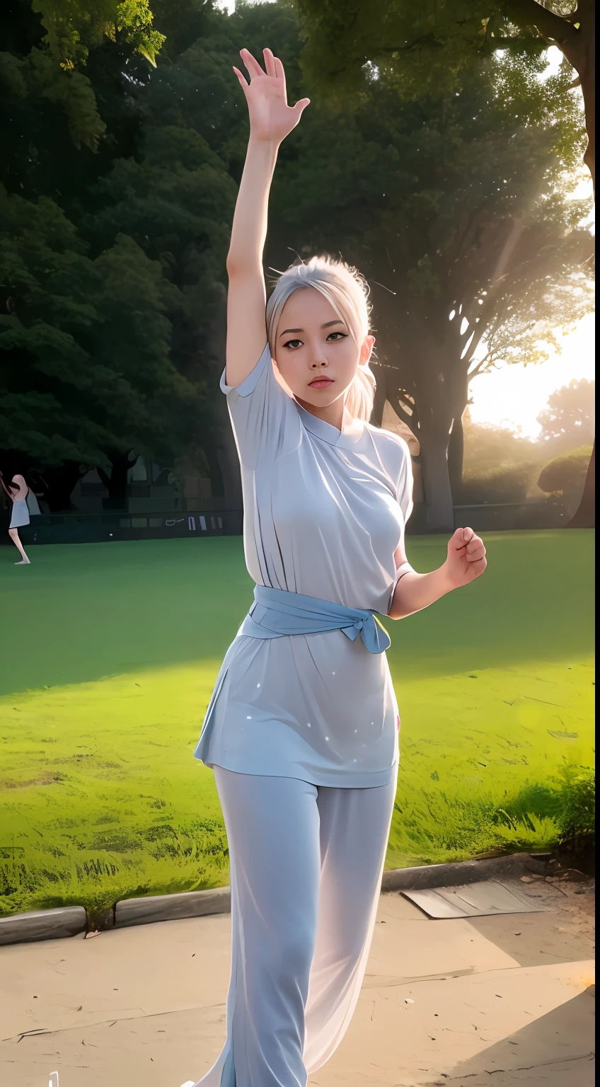 beautiful young girsl are playing Tai Chi, in the park, silver hair, split ponytail, Conceptual art, best photo shot, glowing light, realistic, UHD, textured skin, masterpiece, anatomically correct, best quality, 8k, full body, from below