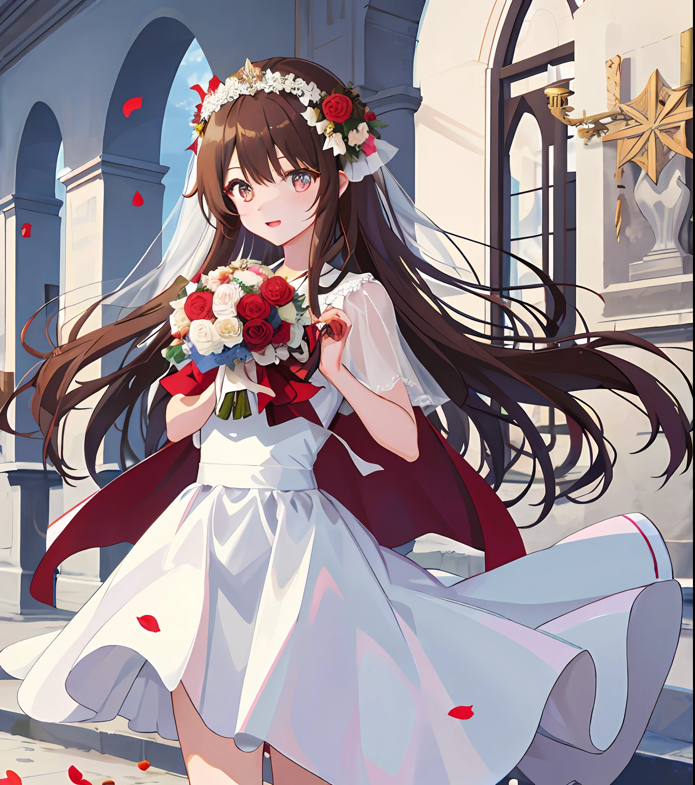 Masterpiece quality，The best quality assurance。A brown hair、Cute girl with golden eyes。Tsundere，Wear a short skirt，Exudes magic，With a rose headdress，Long hair flutters in the wind，Naughty，adolable，devil horns，In the daytime，divino，white church，Holy Church，Holding a bouquet of flowers，Wearing a snow-white wedding dress，light yarn，freshen，Bride，having fun