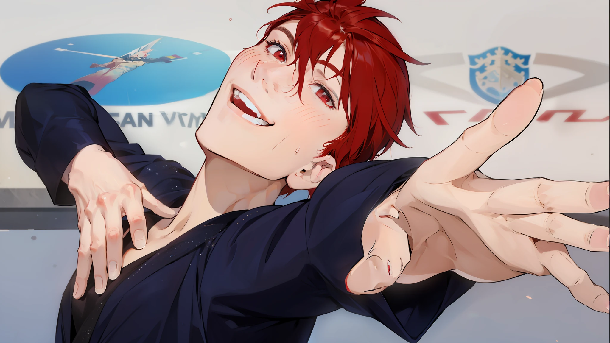 Handsome man, red hair. Red eyes, smiling, smiling, stiff on the rink, posing beautifully, behind the rink, glittering dress, sweating a little, happy, shining, reaching out your hand, posing beautifully.