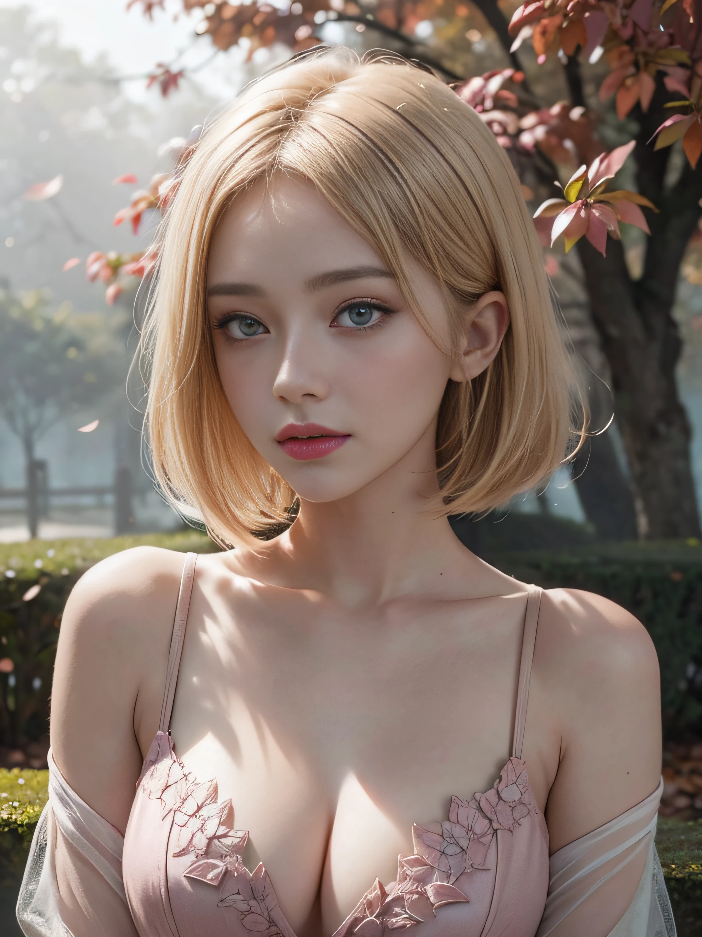 waist up, looking at camera, (againts pink leaves) tree, natural skin texture, 4k textures, soft cinematic light, intricate details, elegant, highly detailed, sharp focus, soothing tones, exposure blend, hdr, faded, hyperdetailed, backlighting, 85mm, close-up, best quality, (photorealistic:1.2), volumetric fog, analog style, (cinematic look), blonde, green eyes, bob hair, 1girl, blush, upturned eyes, cleavage