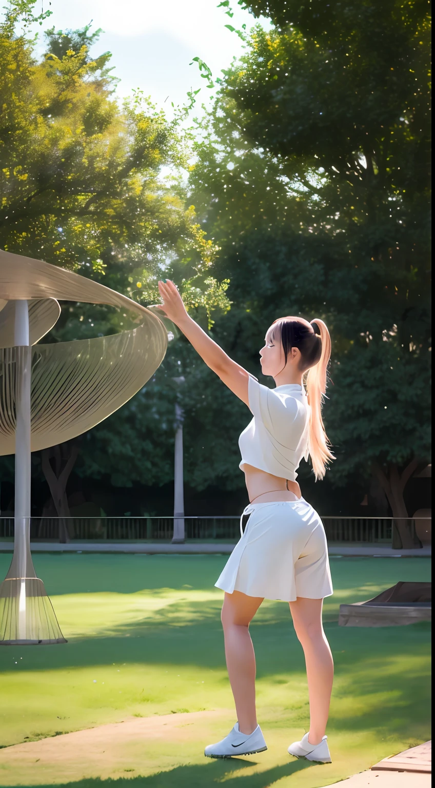 beautiful young girsl are playing Tai Chi, in the park, silver hair, split ponytail, Conceptual art, best photo shot, glowing light, realistic, UHD, textured skin, masterpiece, anatomically correct, best quality, 8k, full body, from below